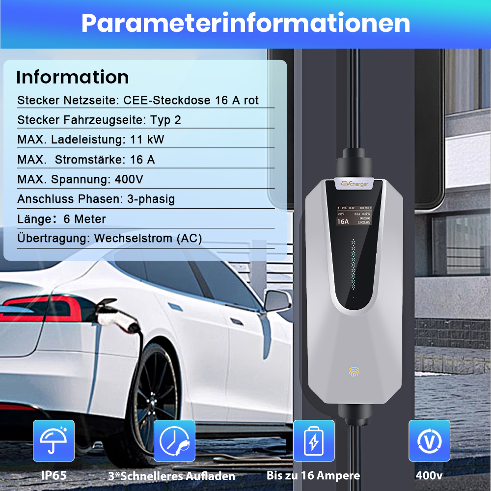 Elektroauto-Ladegerät mit Informationen zu Leistung, Stromstärke und Spannung.