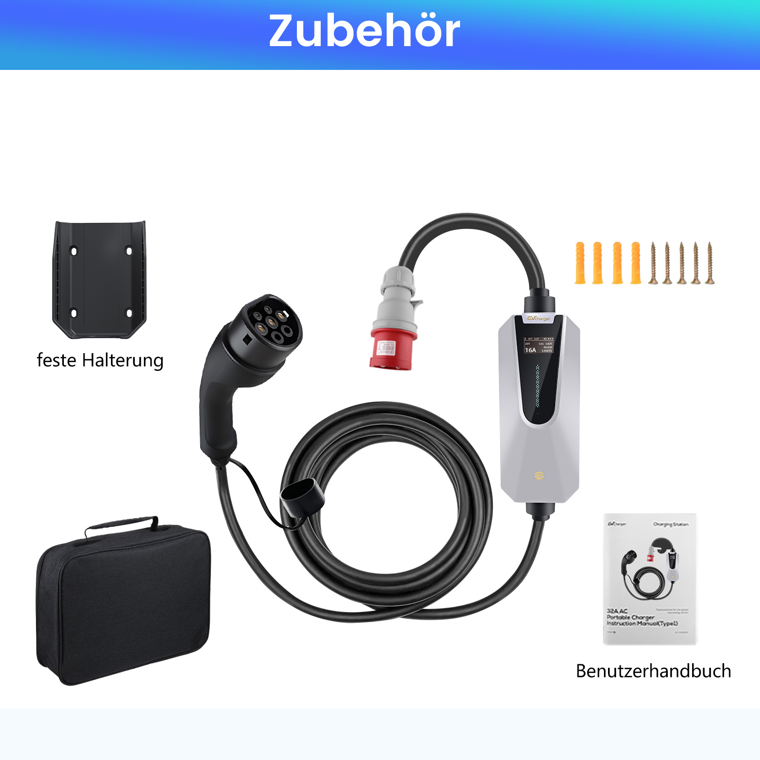 Zubehör: Ladekabel, Halterung, Tasche, Schrauben und Handbuch.