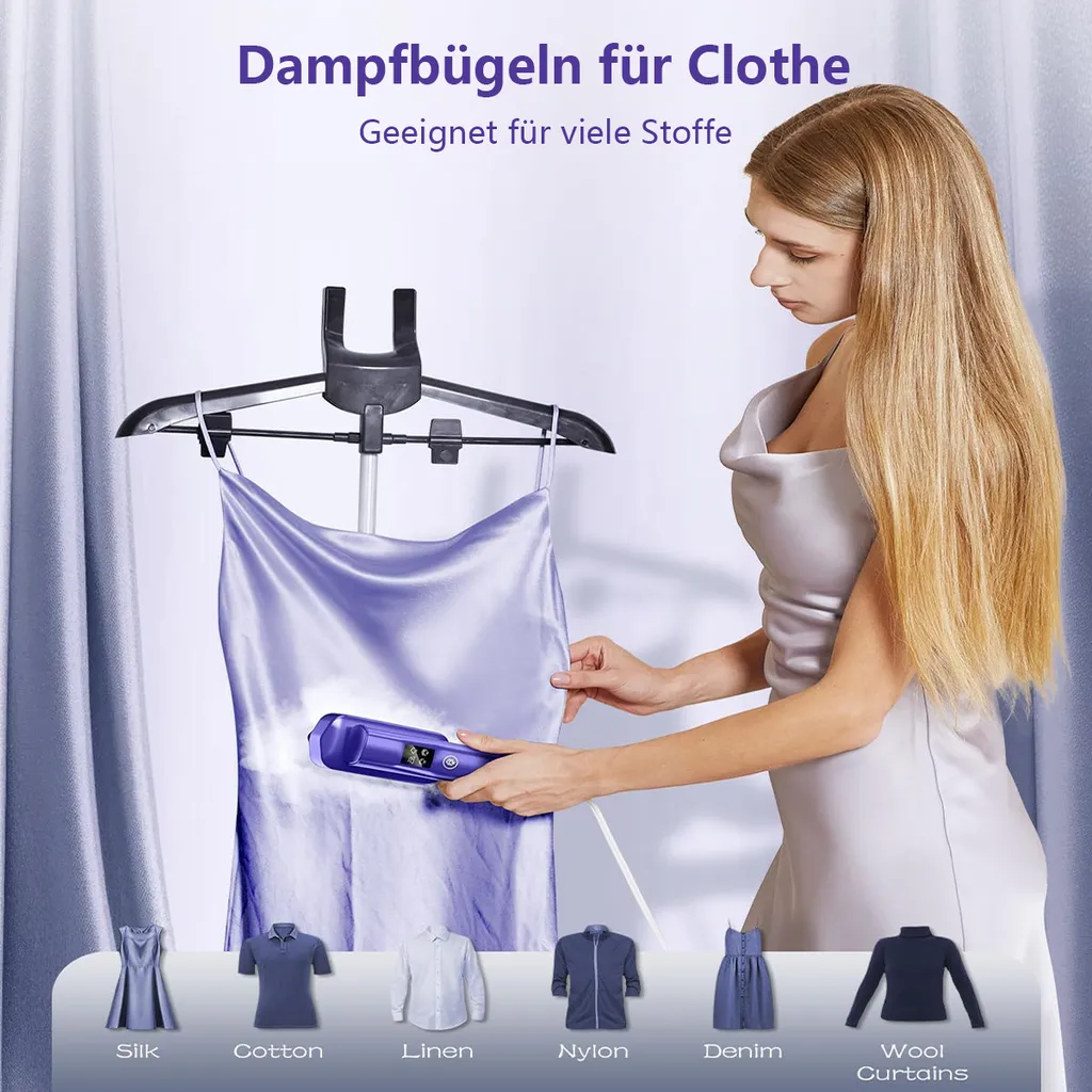Frau bügelt lila Seidenkleid mit Dampfbügeleisen, verschiedene Stoffe unten.