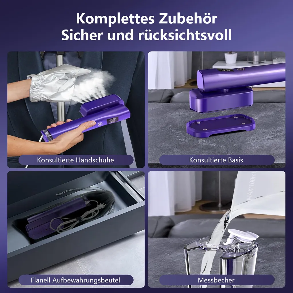 Vier Bilder zeigen Zubehör für ein Dampfbügeleisen: Handschuh, Basis, Beutel, Messbecher.