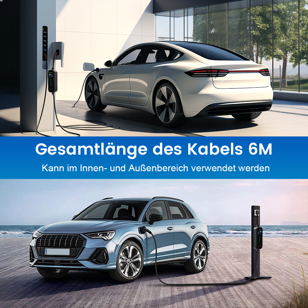 Zwei Elektroautos werden an Ladestationen aufgeladen, ein weißes und ein blaues.