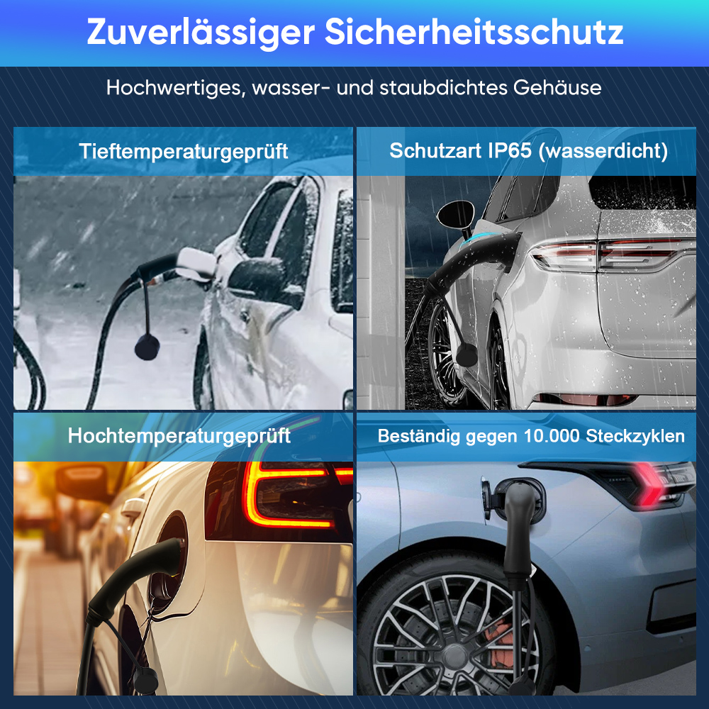 Vier Bilder zeigen E-Autos, die an Ladestationen angeschlossen sind, bei extremer Kälte, Hitze, Regen und im normalen Betrieb.
