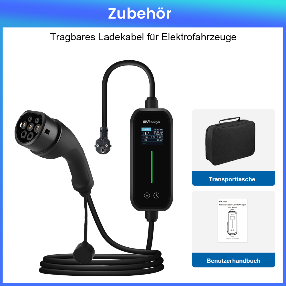 Tragbares Ladekabel mit Ladegerät, Transporttasche und Handbuch.