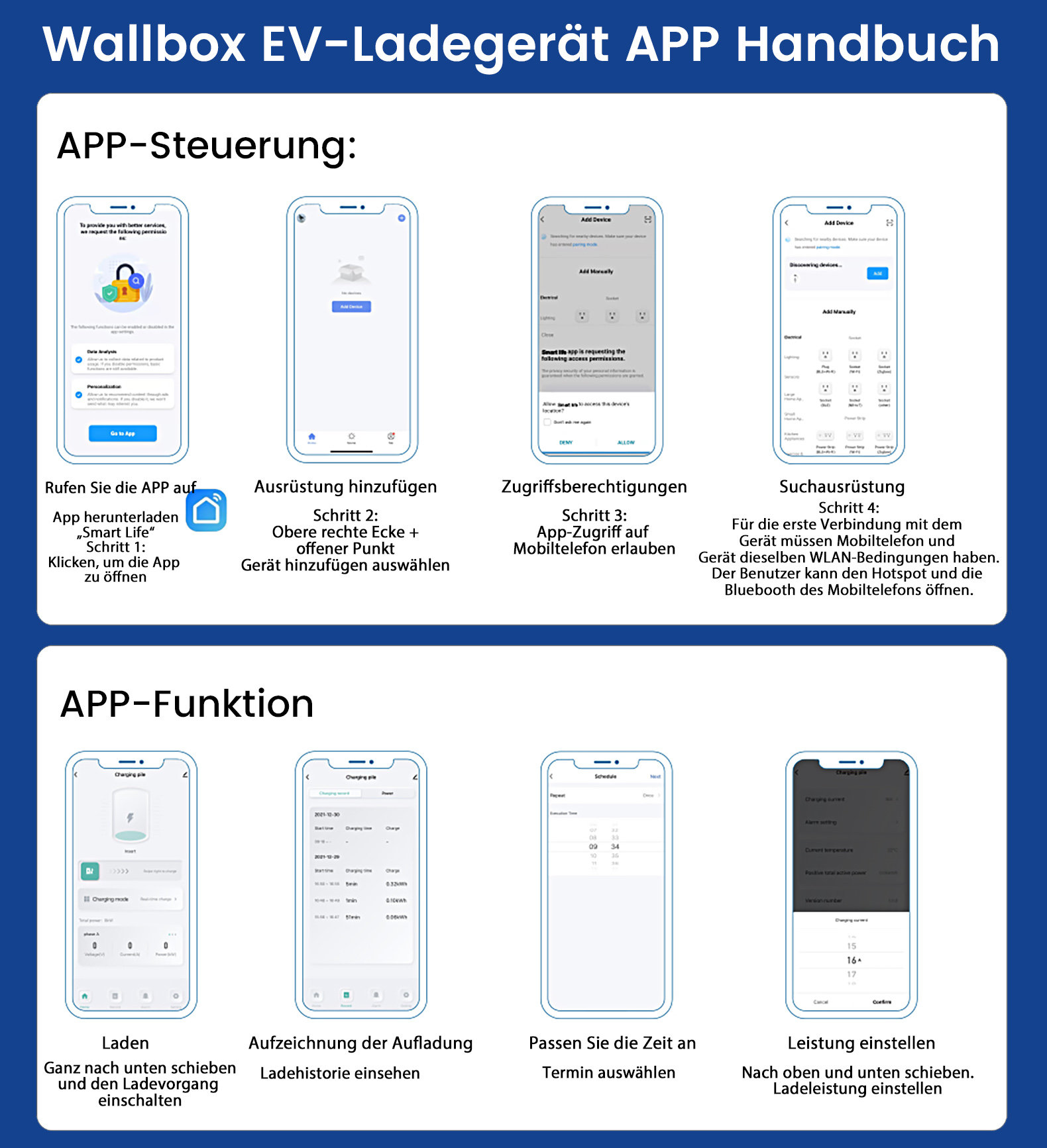 Handbuch für Wallbox EV-Ladegerät: App-Steuerung und -Funktionen mit Screenshots.
