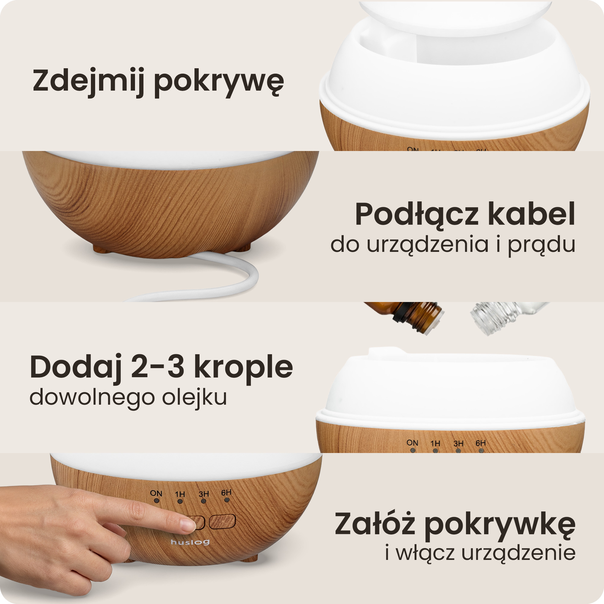 Dywuzor z drewnianym wykończeniem. Instrukcje pokazują zdejmowanie pokrywy, dodawanie olejku i włączanie.