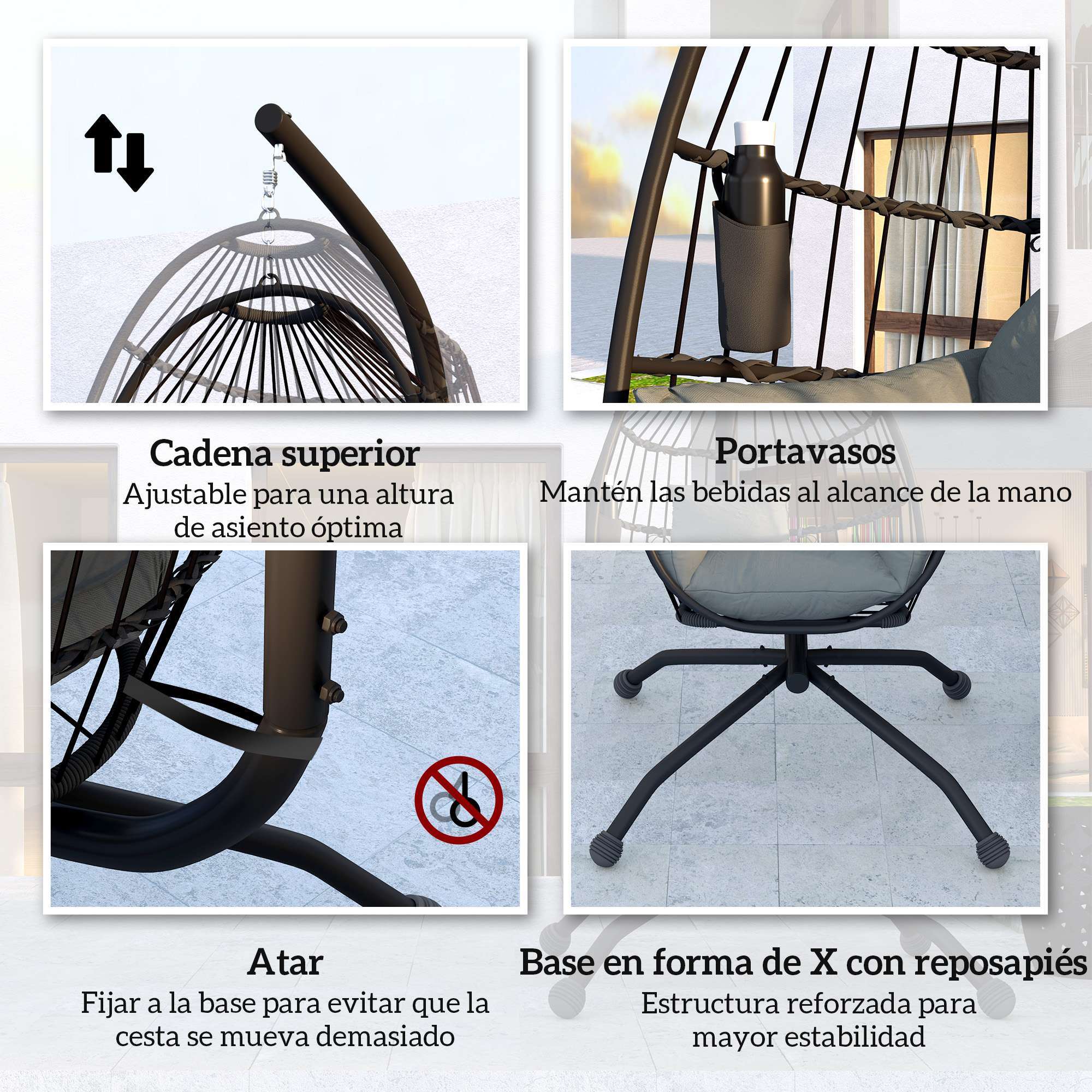 Cadena superior ajustable para altura de asiento óptima. Portavasos. Base en X con reposapiés.