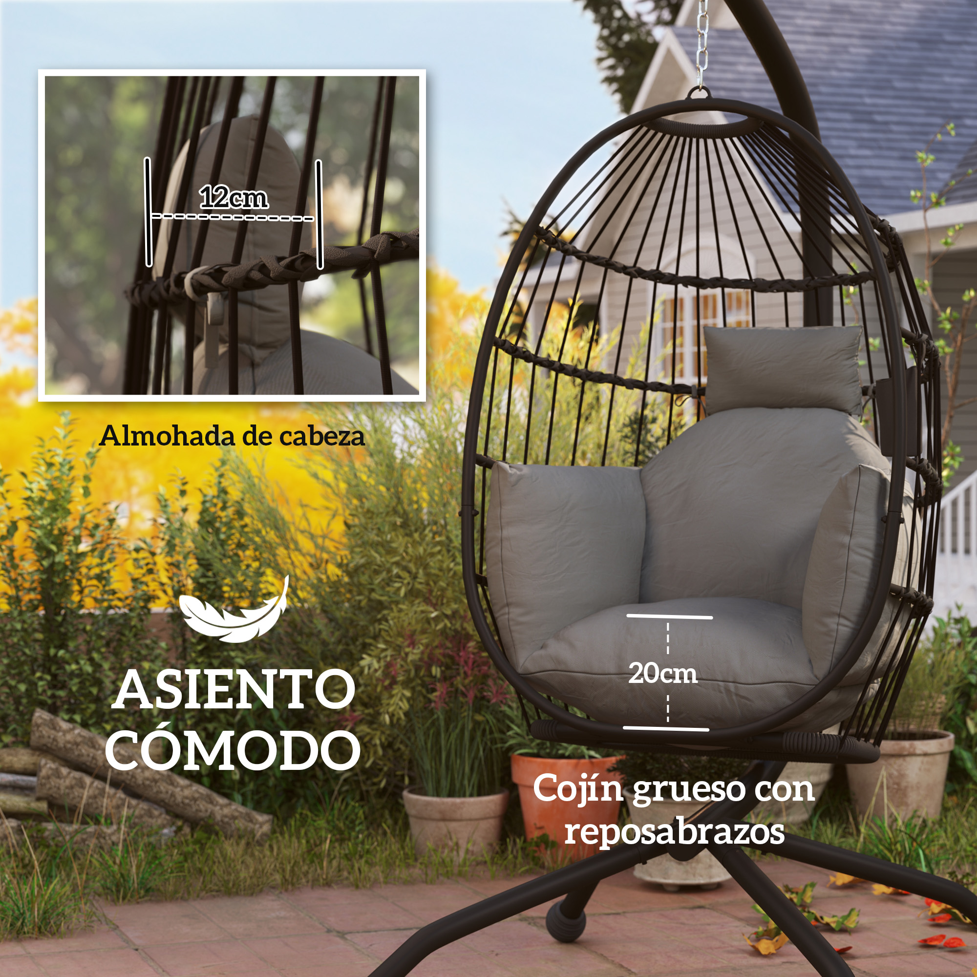 Una silla colgante negra con cojines grises en un jardín, con notas de tamaño.