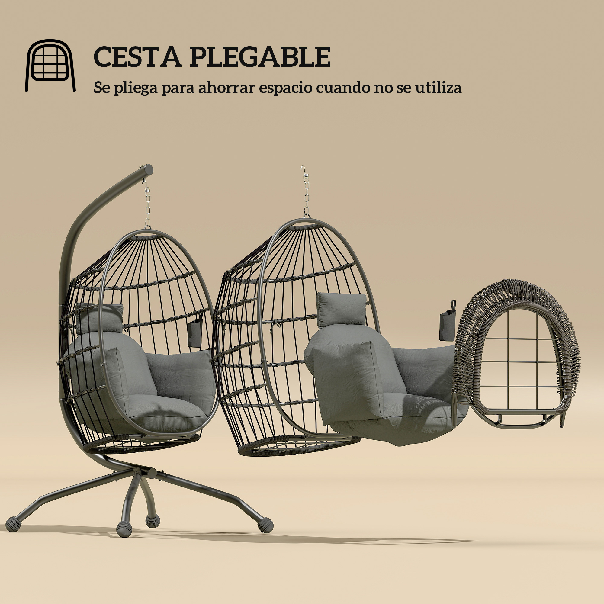 Dos sillas colgantes tipo huevo con cojines grises en un soporte, una es plegable.