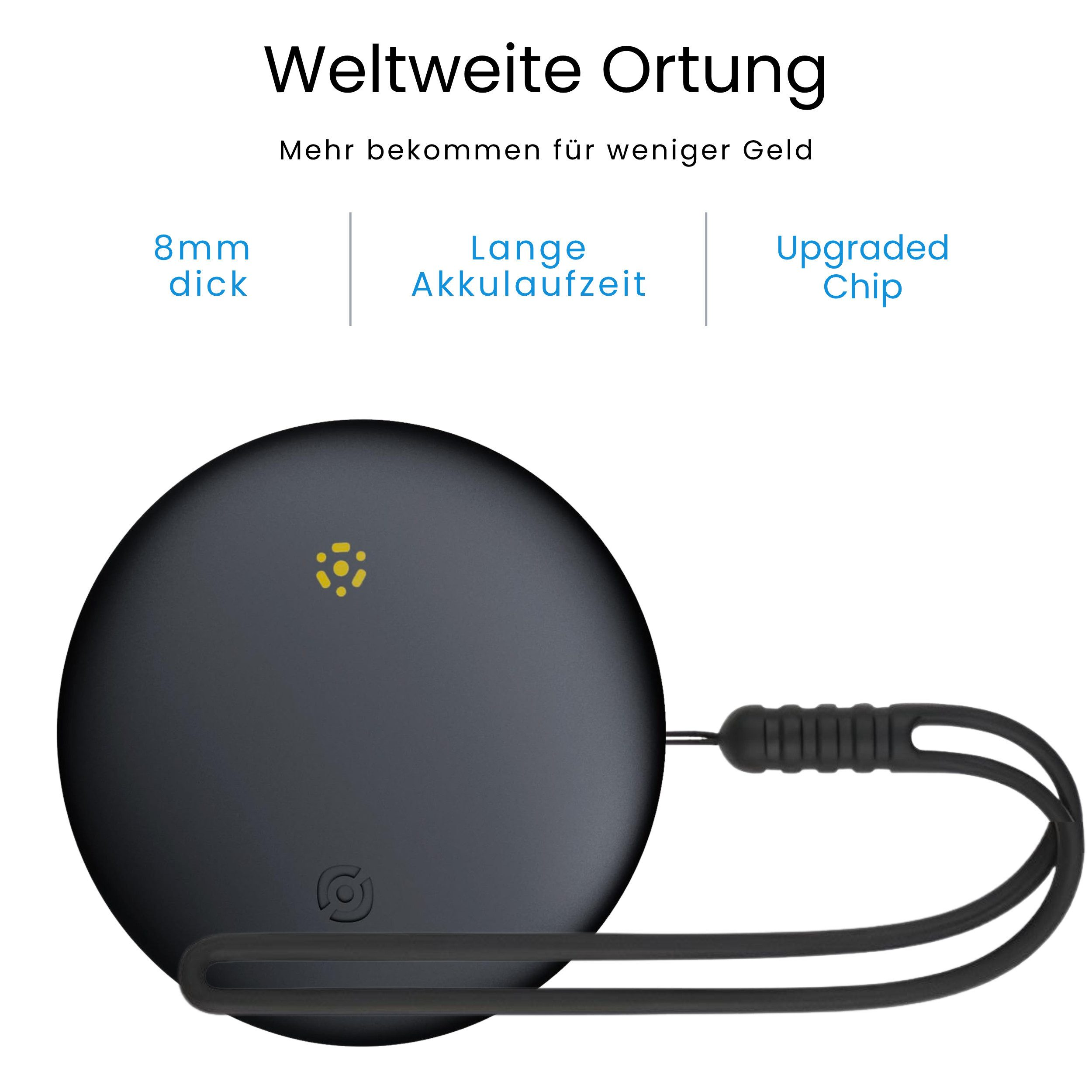 Ein schwarzes, rundes Objekt mit gelben Punkten und einer Schlaufe.