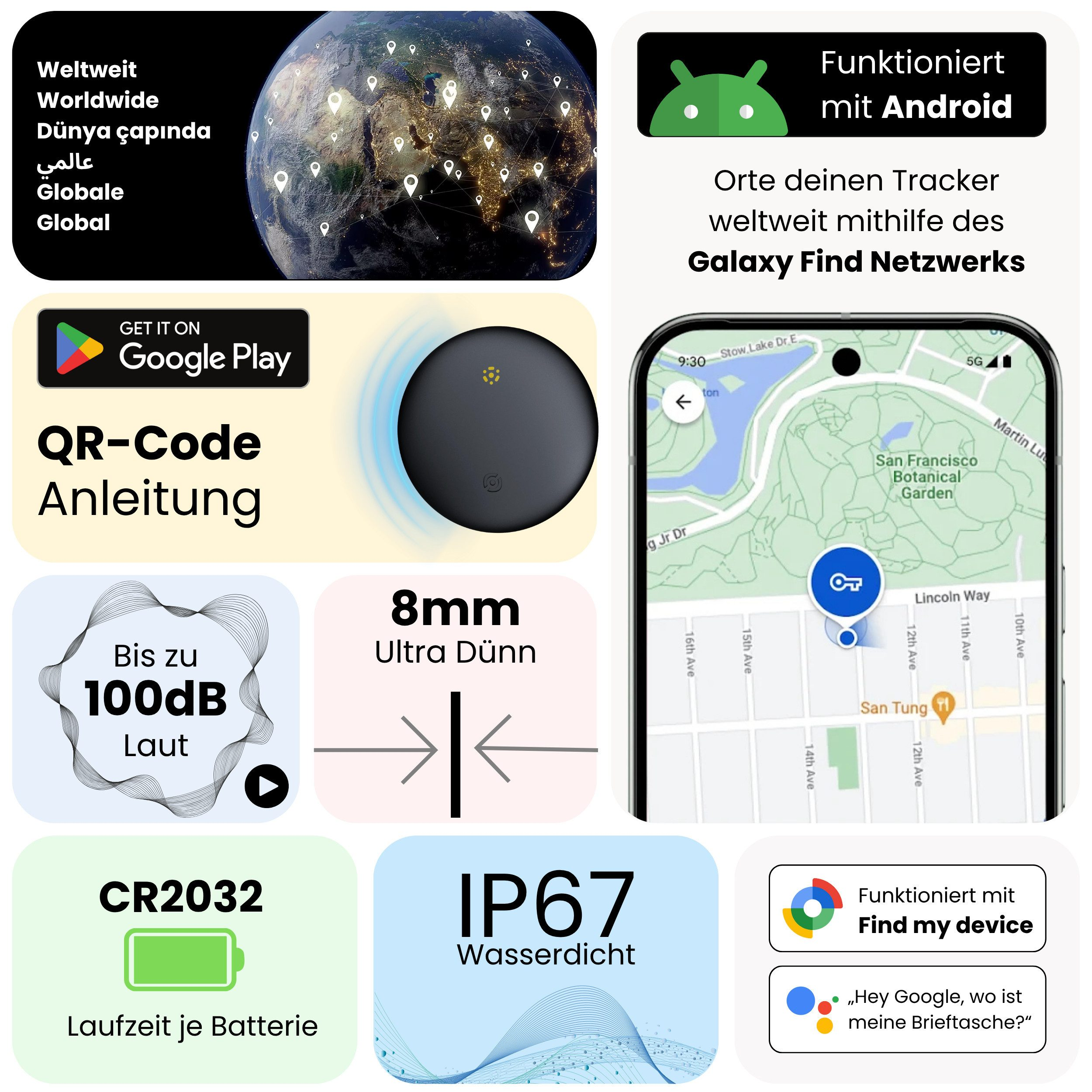 Weltkarte mit Standortmarkierungen, Android-Symbol, Tracker, Karte, Lautstärke, Dicke, Batterie, Wasserdichtigkeit und Google-Integration.