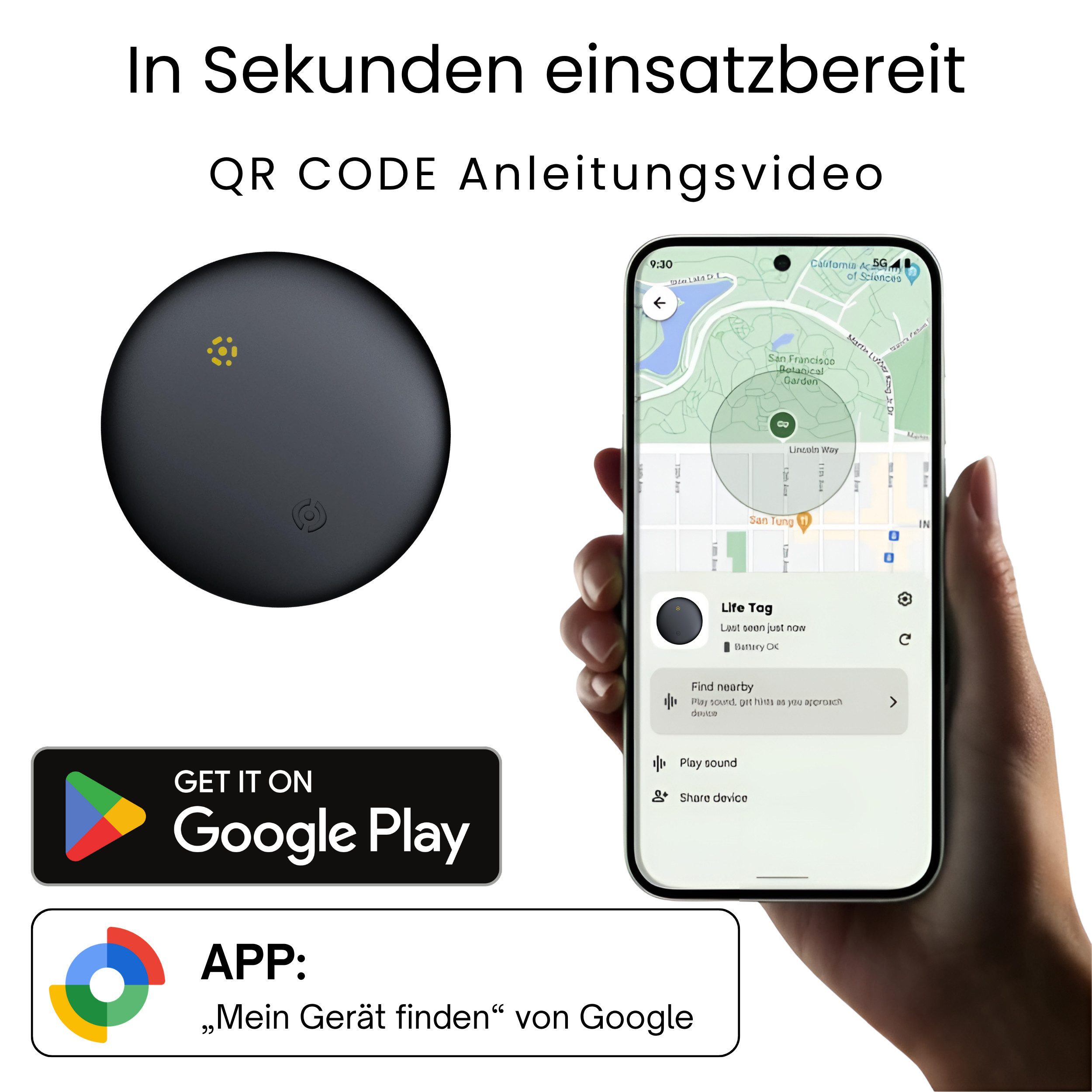 Ein schwarzer Tracker liegt neben einem Smartphone mit einer Karte und App-Details.