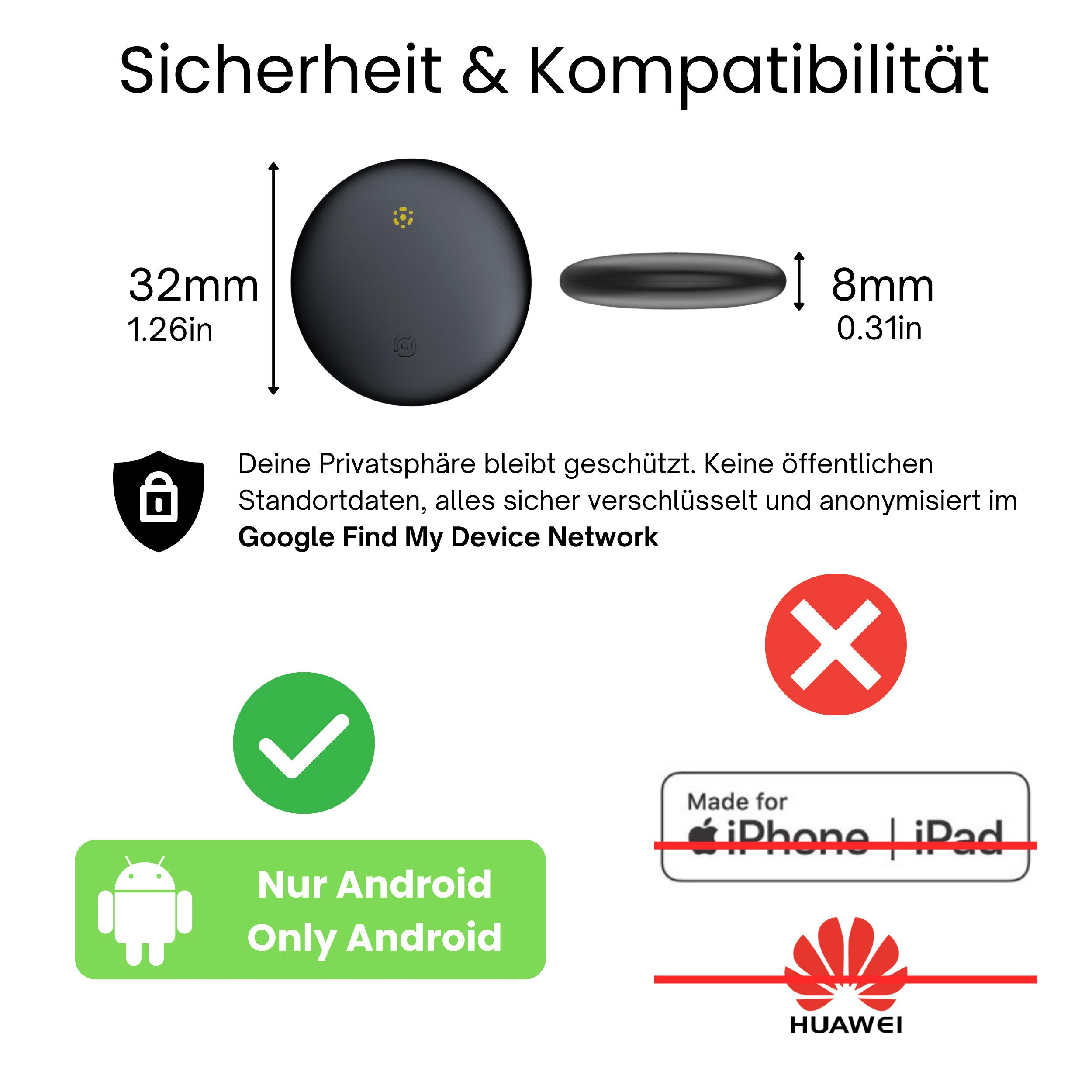 Runder Tracker: 32mm breit, 8mm dick. Nur Android. Datenschutz.