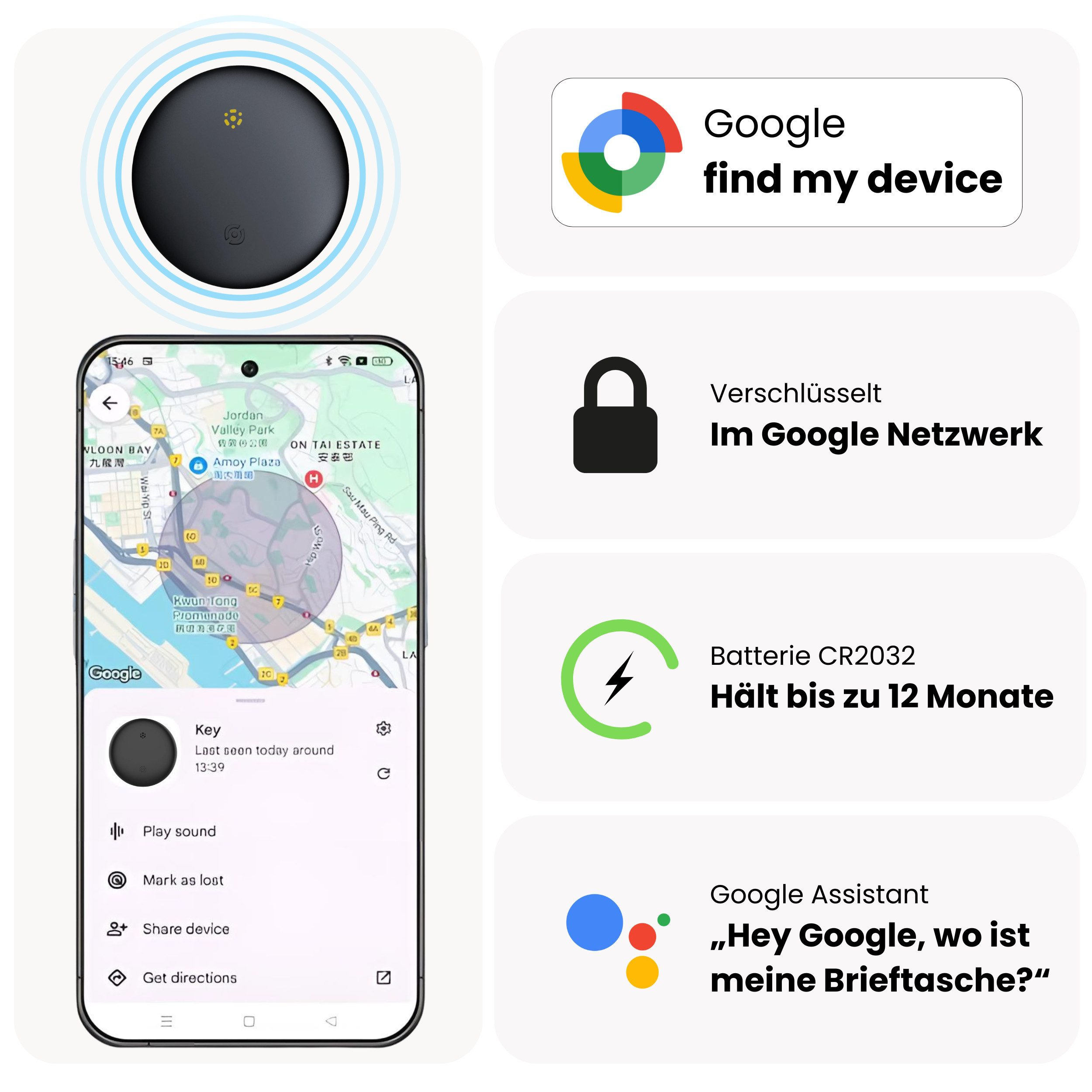 Ein schwarzer Tracker und ein Smartphone mit Google Maps. Verschlüsselt, Batterie CR2032.