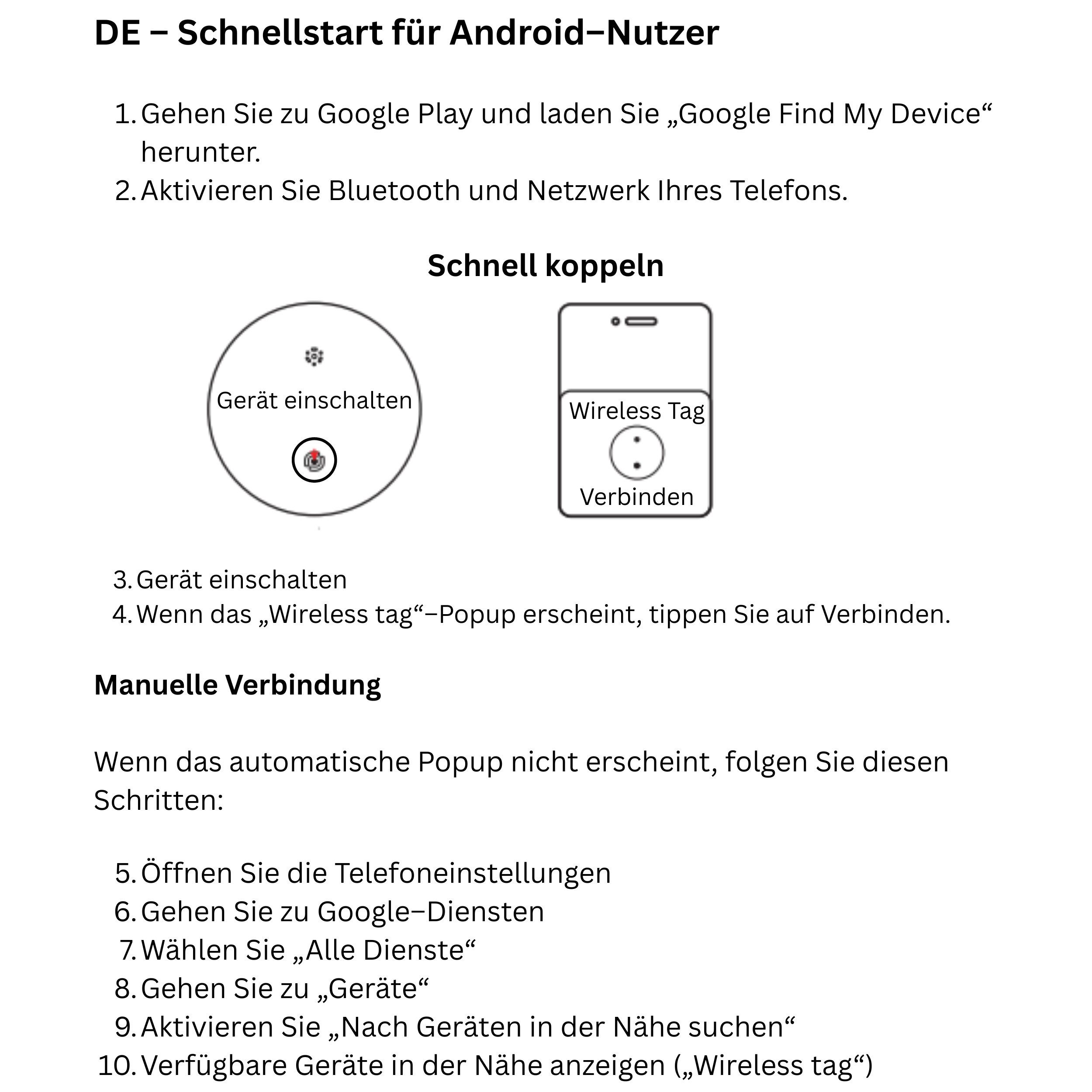Schnellstart für Android-Nutzer: App laden, Bluetooth/Netzwerk aktivieren, Gerät koppeln.