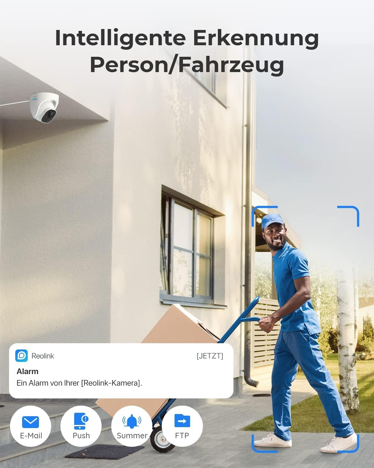 Mann schiebt Paketwagen vor Haus; Kamera oben; Alarmfenster unten.