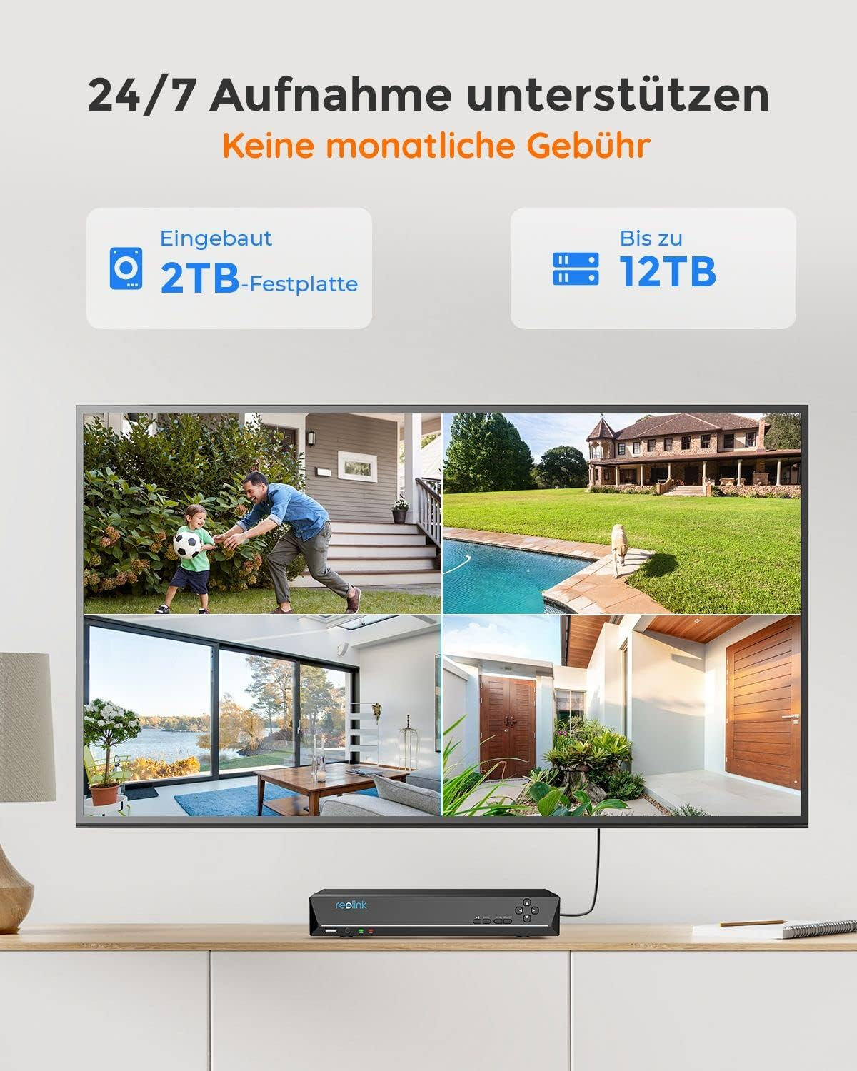 Überwachungs-DVR mit vier Ansichten: Familie, Haus, See, Eingang.