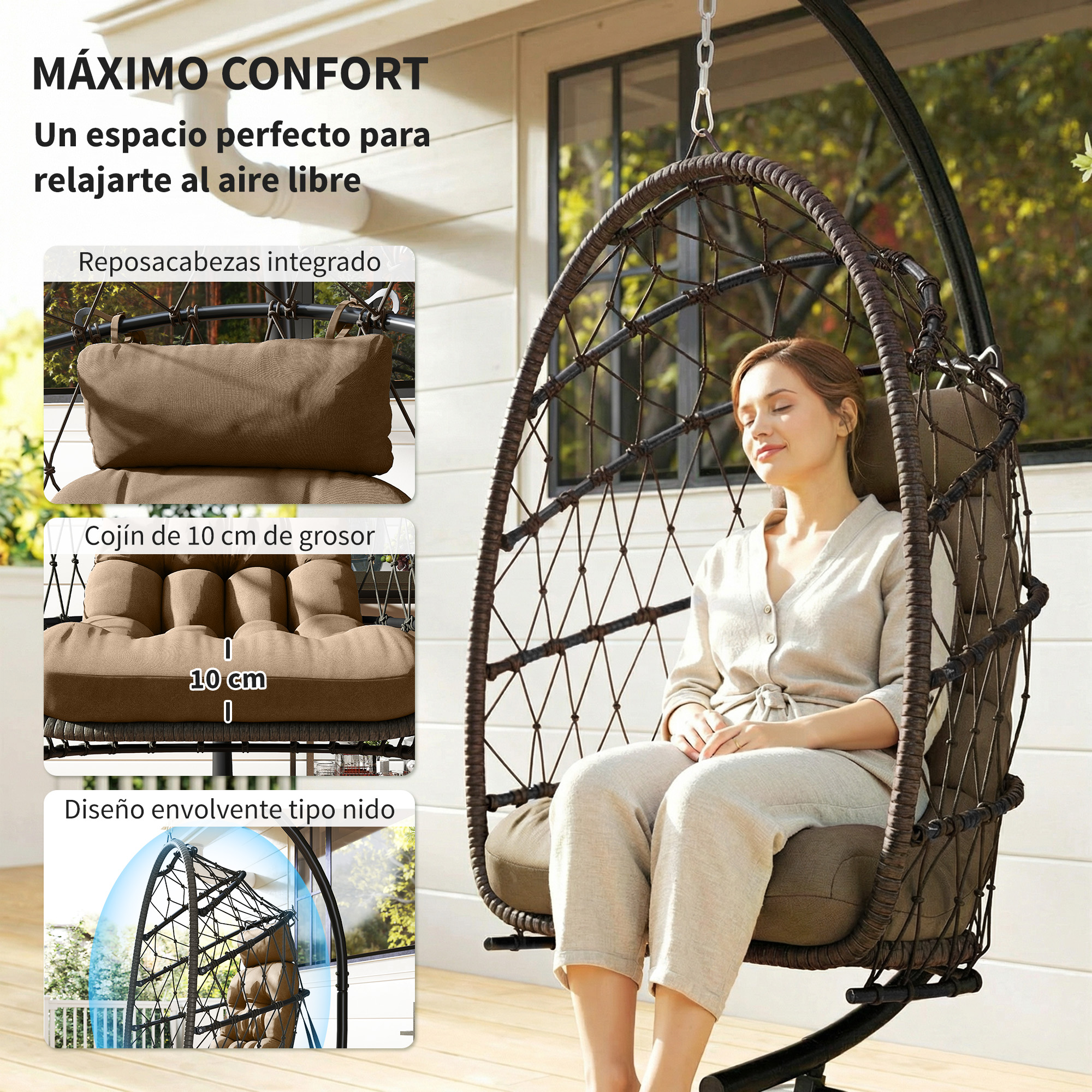 Mujer relajándose en sillón colgante marrón en patio, con primeros planos.