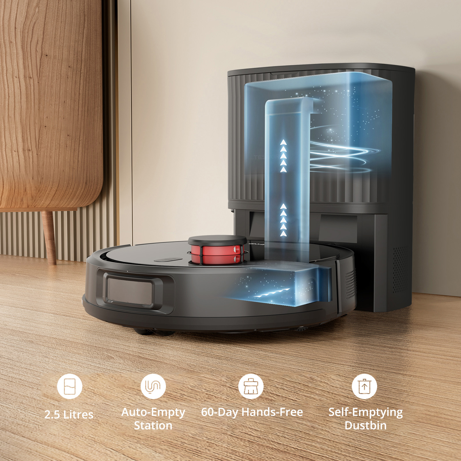 A black robot vacuum cleaner with a dust-emptying station.