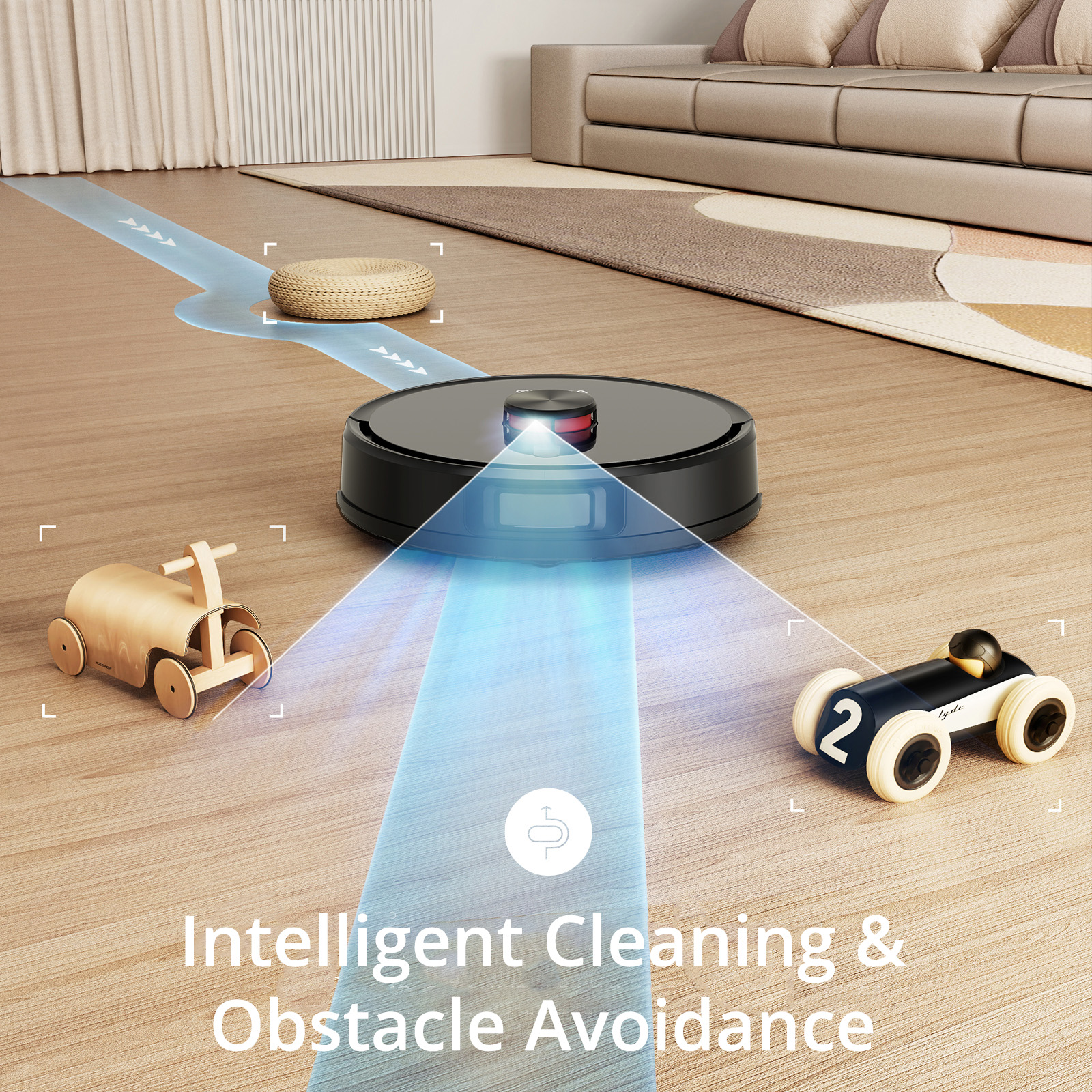 A black robot vacuum cleans a wood floor, avoiding toy cars and a stool. Text: Intelligent Cleaning & Obstacle Avoidance.