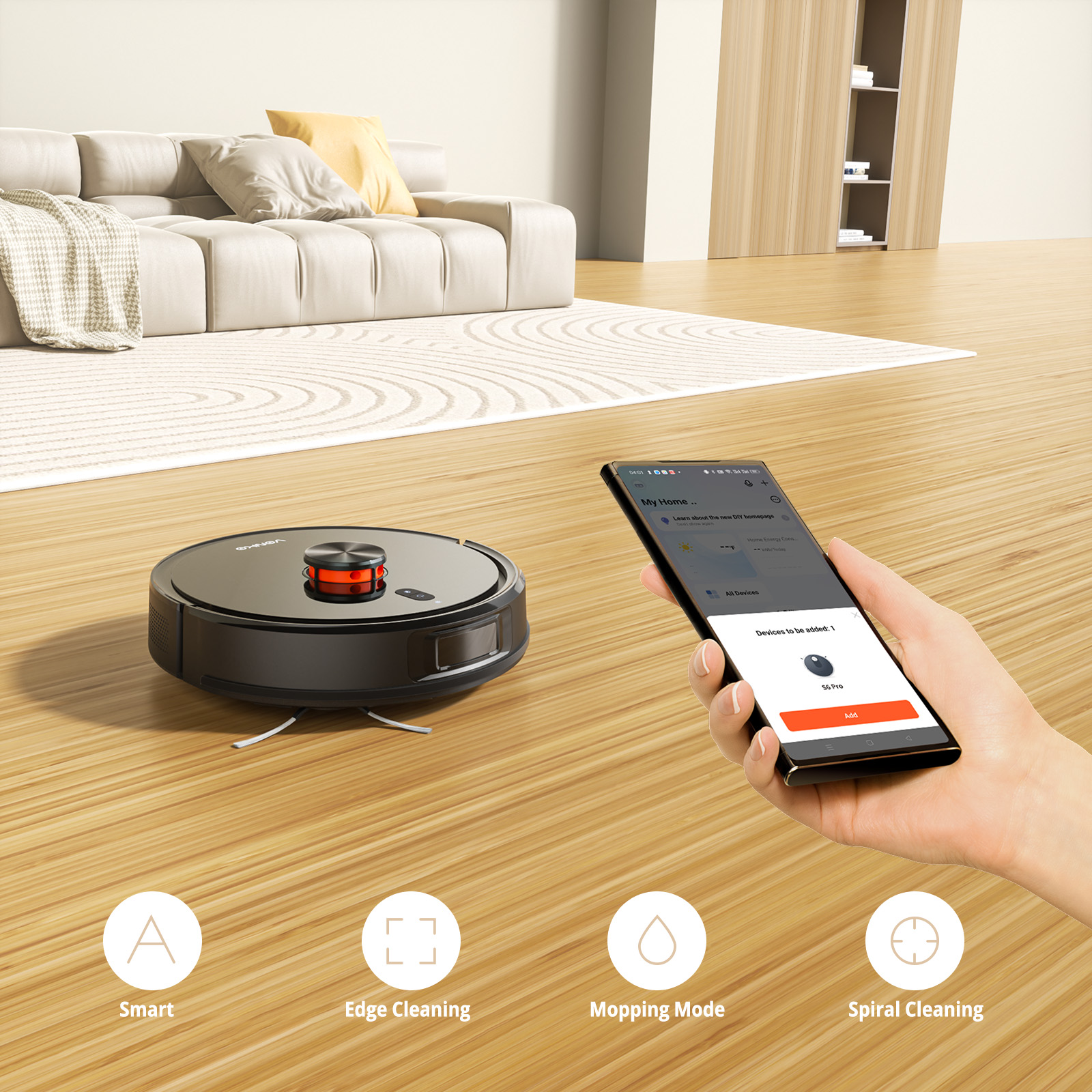 A robot vacuum on a wooden floor next to a smartphone displaying an app.
