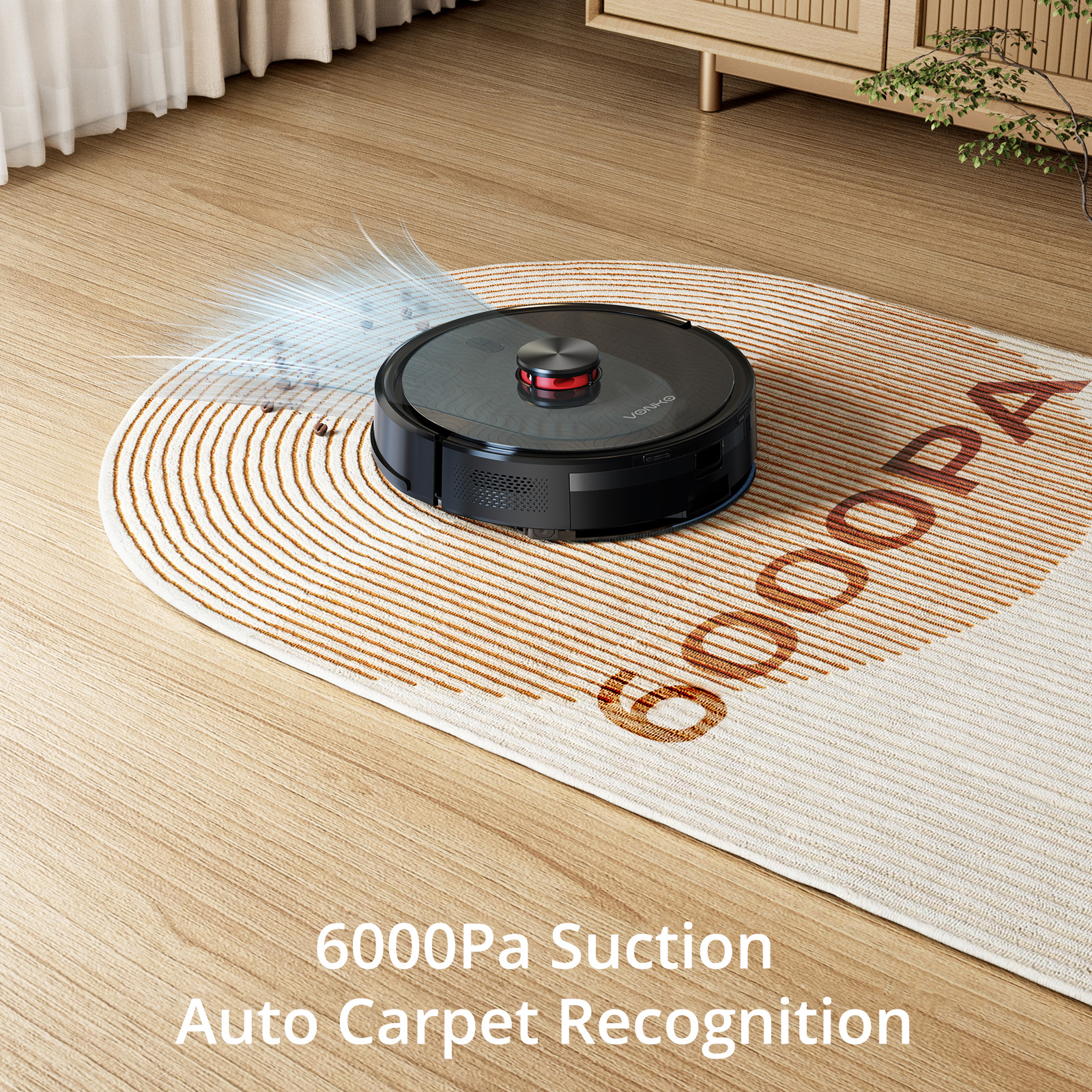 A black robot vacuum cleans a rug with brown stripes on a wood floor.