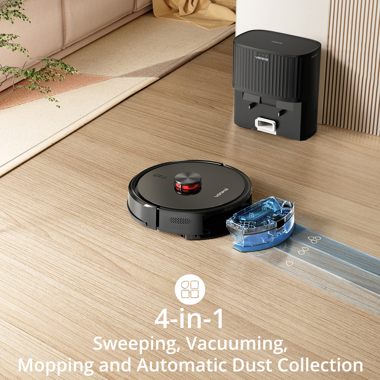 A black robot vacuum with a mopping attachment on a wooden floor.