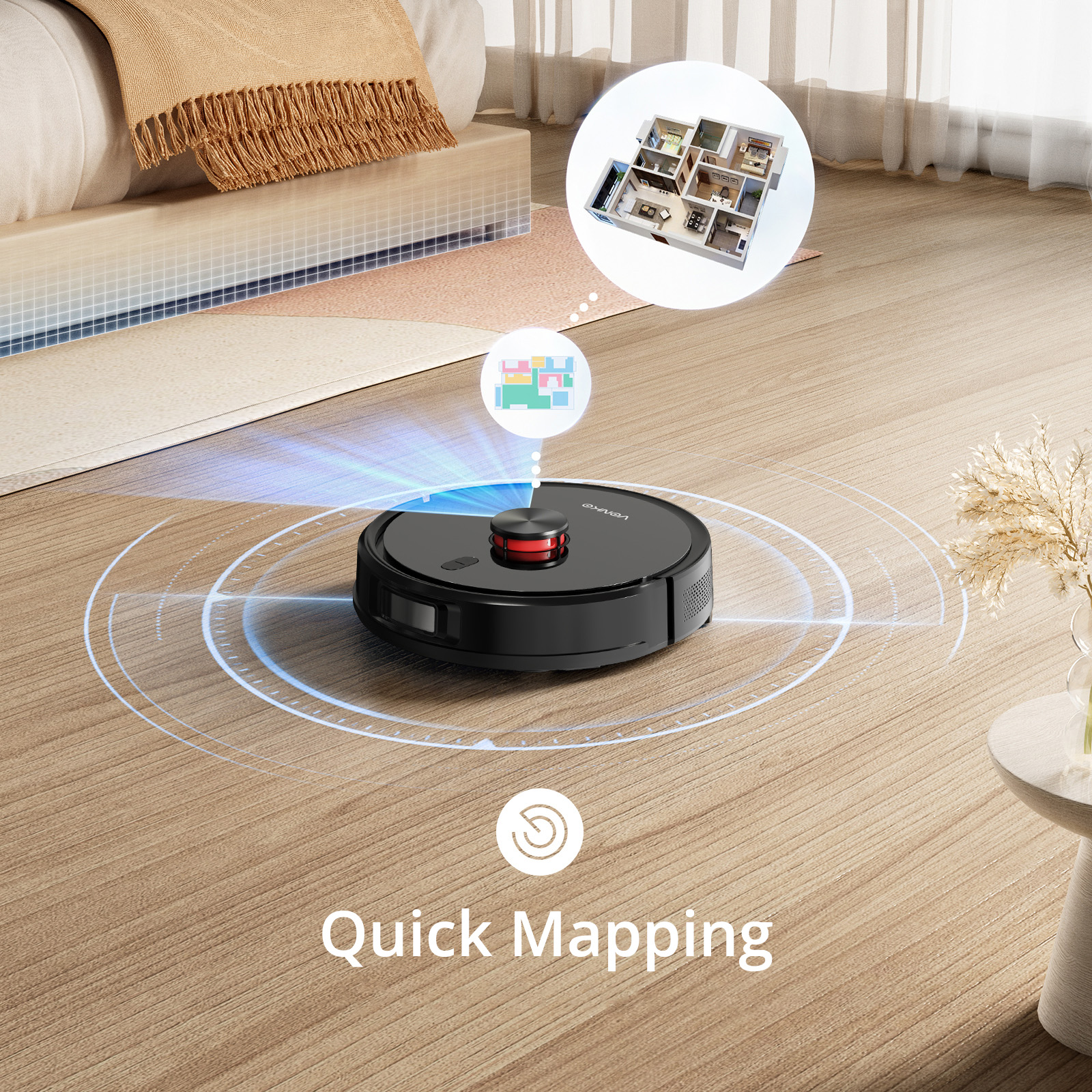 A black robot vacuum maps a room, showing a 3D floor plan view.
