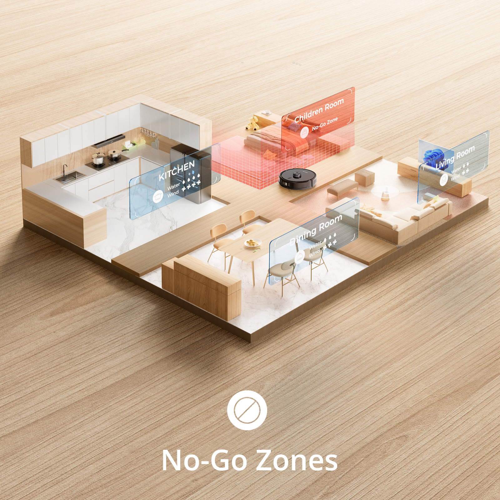 A robot vacuum cleans a house model with defined no-go zones.
