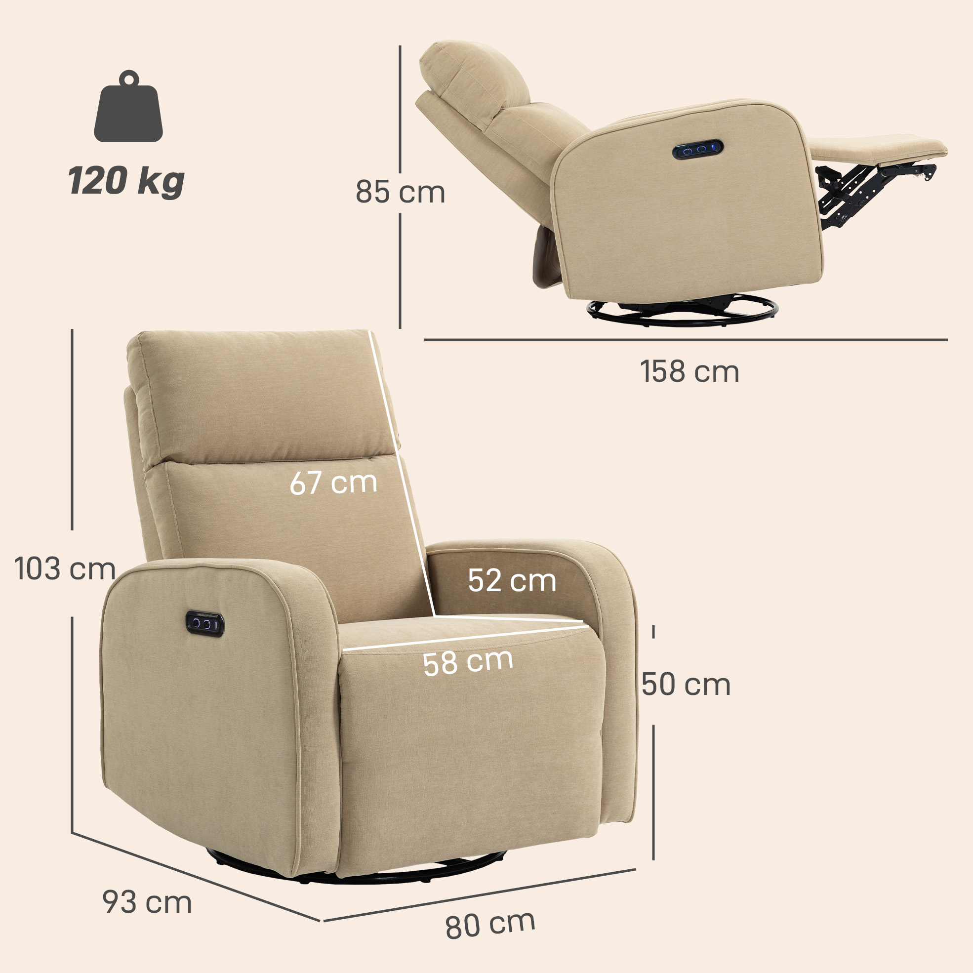 Sillón reclinable beige con dimensiones: 103x93x80cm, capacidad 120kg.