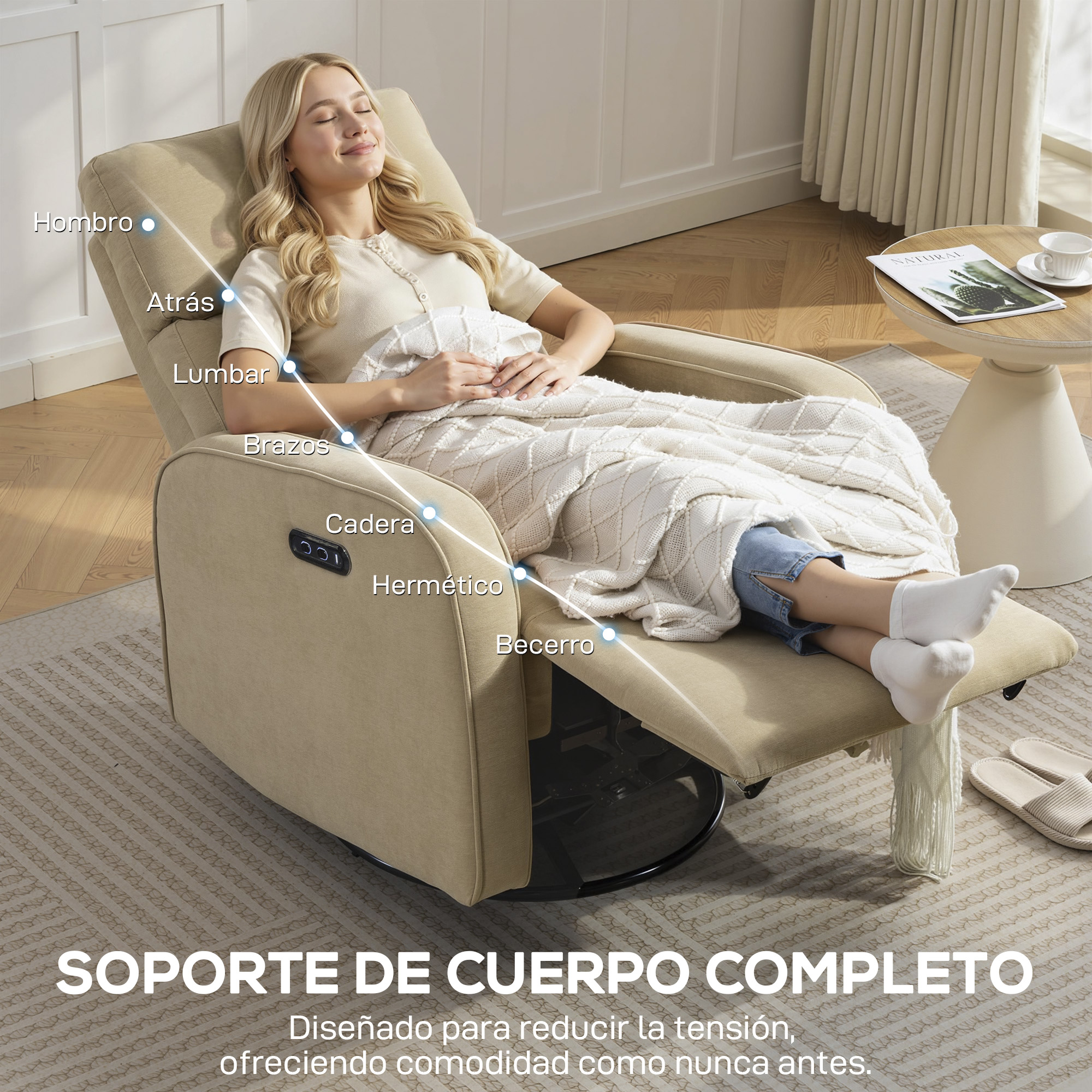 Una mujer se relaja en un sillón reclinable beige, cubierta con una manta.