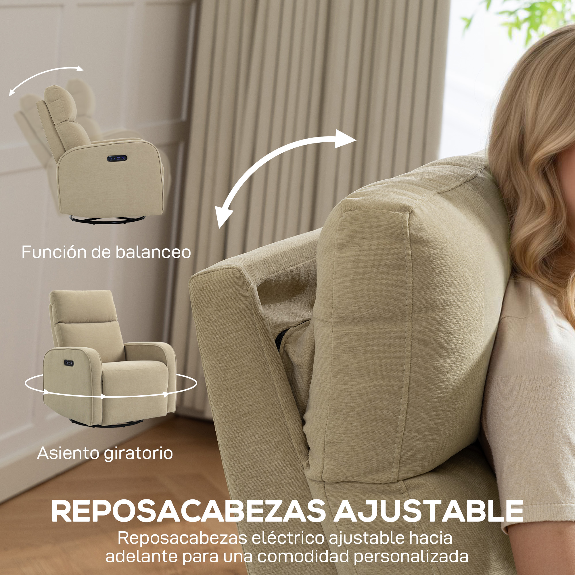 Se muestra un sillón reclinable beige con reposacabezas ajustable y función giratoria.