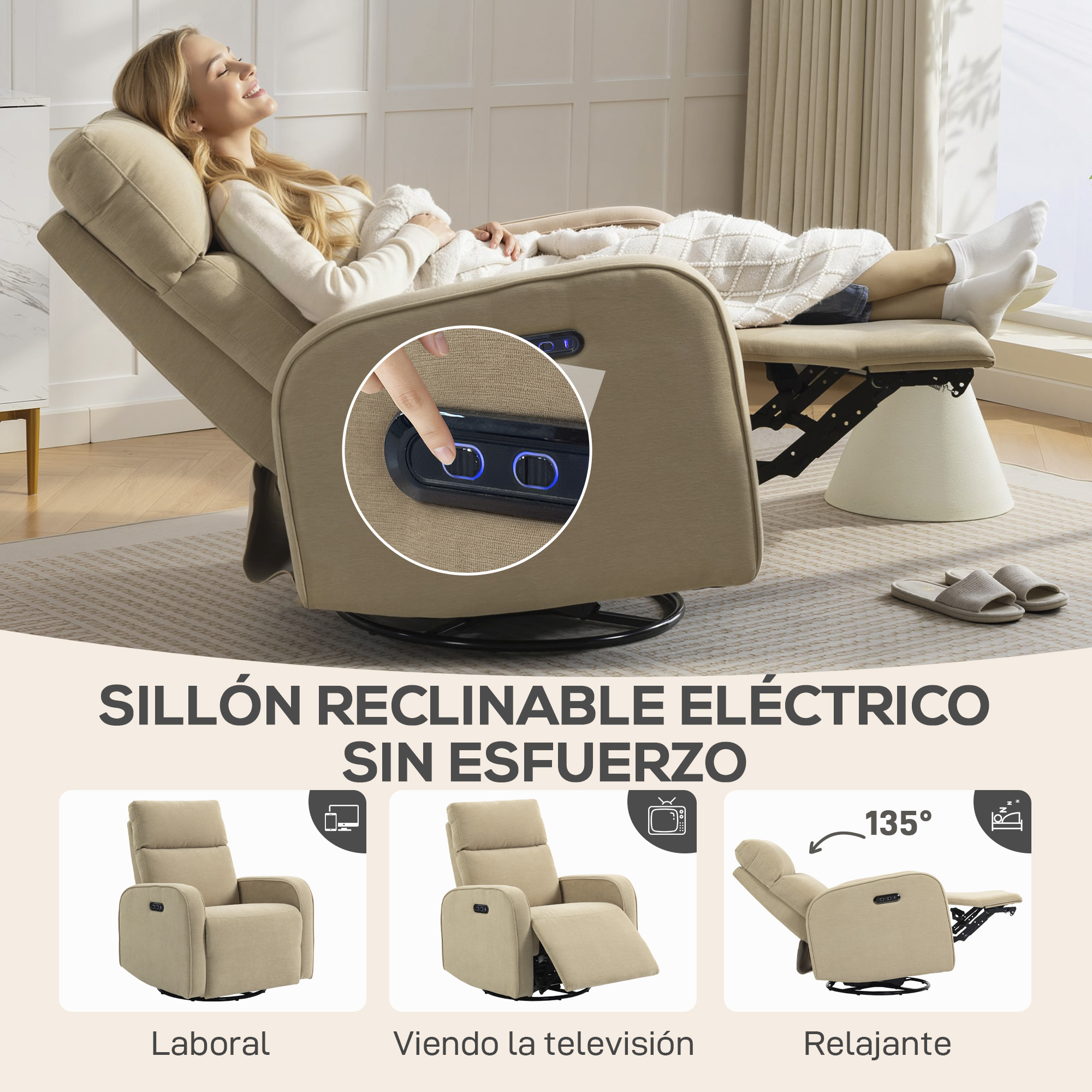 Una mujer se relaja en un sillón reclinable eléctrico beige. Primer plano de los controles.