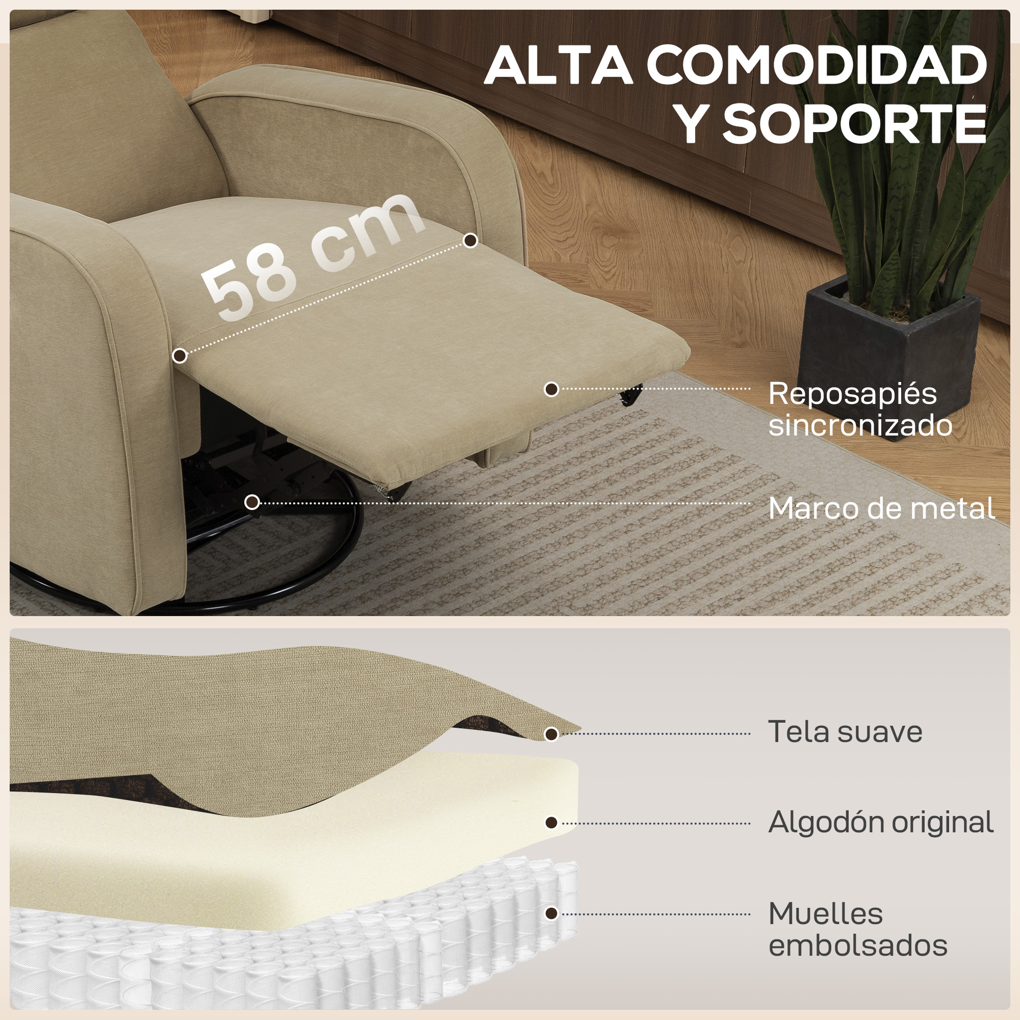 Sillón beige con reposapiés extendido y capas de material.
