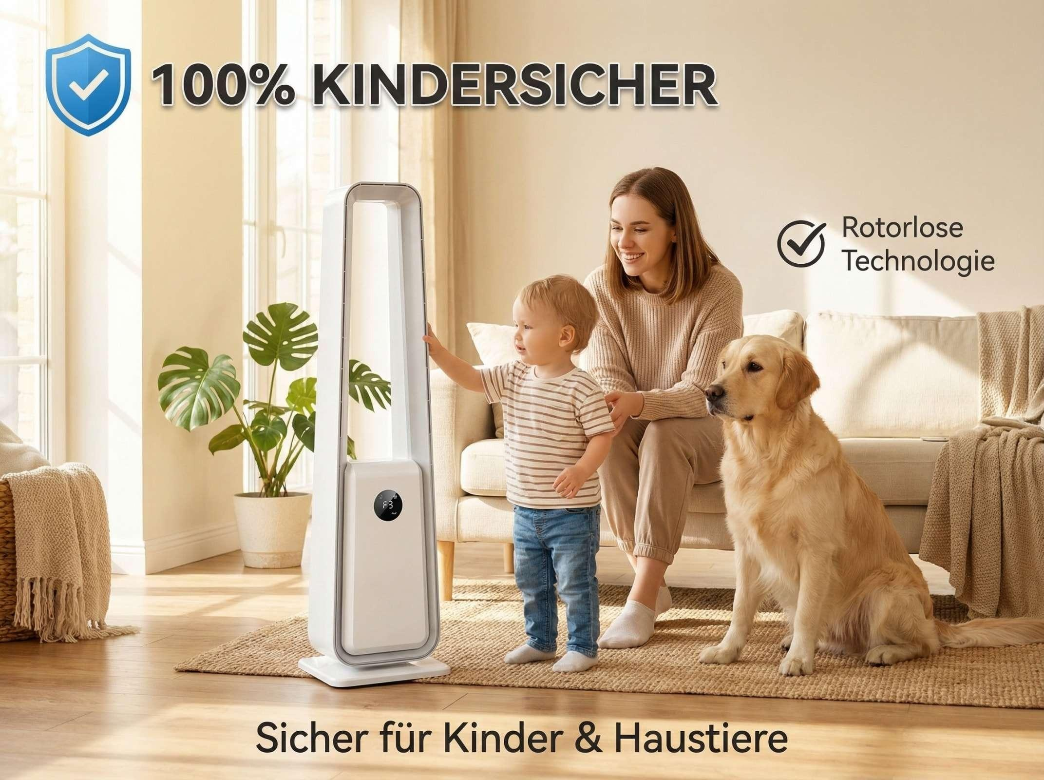 Frau mit Kind und Hund vor einem Luftreiniger, 100% kindersicher.