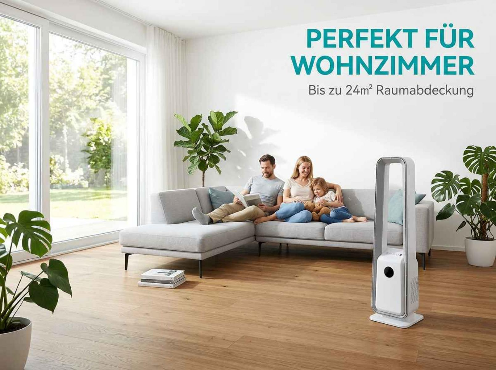 Familie sitzt auf Sofa, Mann liest, Frau und Kind kuscheln. Luftreiniger im Vordergrund.