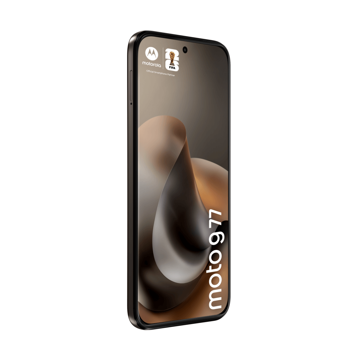 Een zwarte Motorola moto g77 smartphone met FIFA-logo en een abstracte afbeelding.