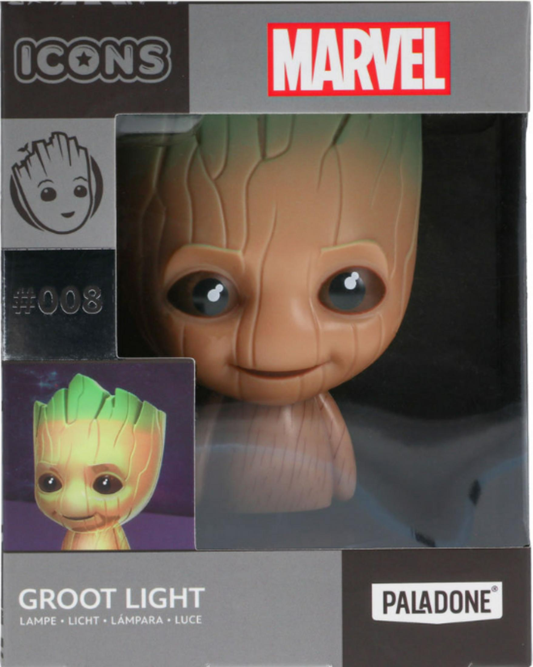 Opakowanie produktu Groot Light z logo Marvel i Icons.