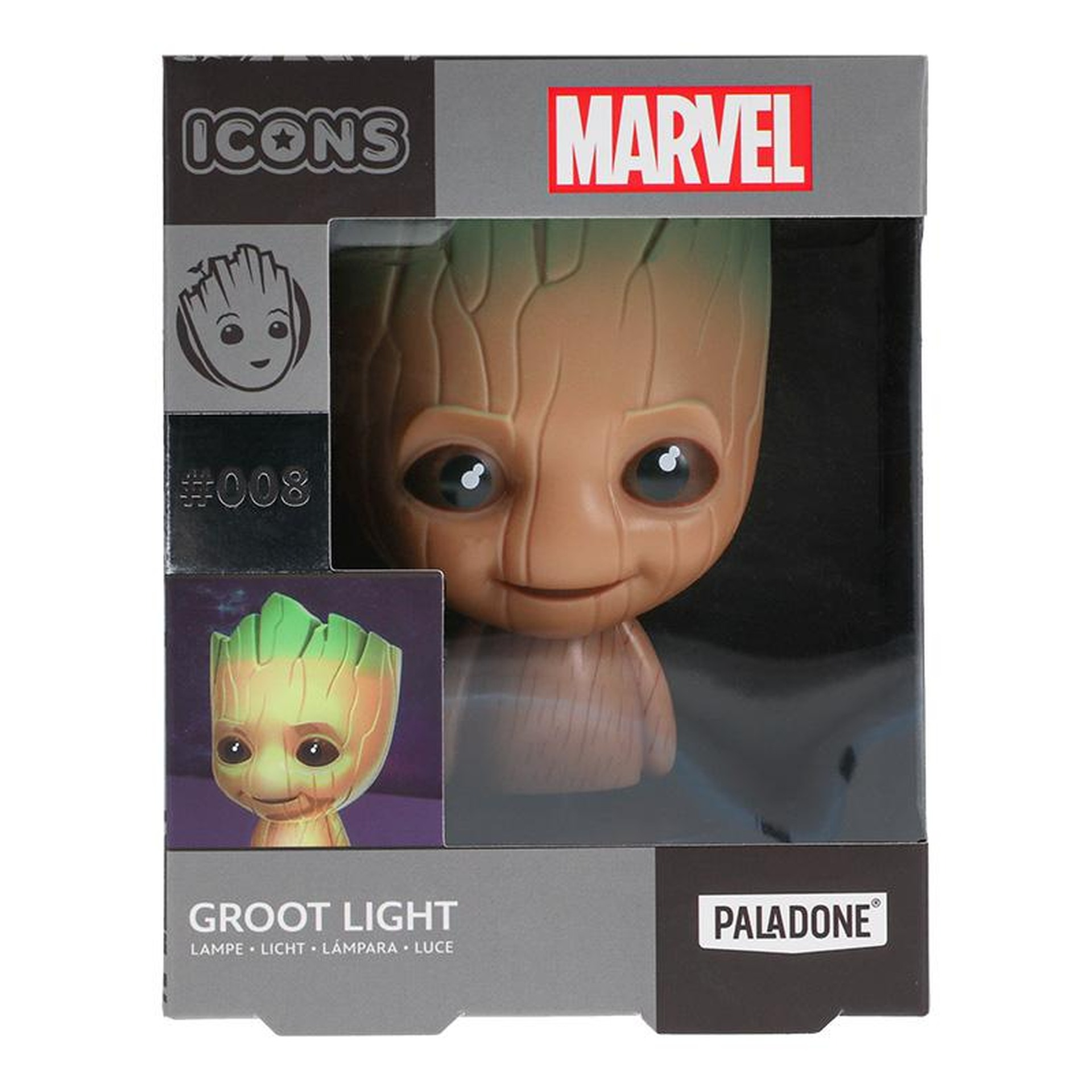 Opakowanie z figurką Groota i logo Marvel.