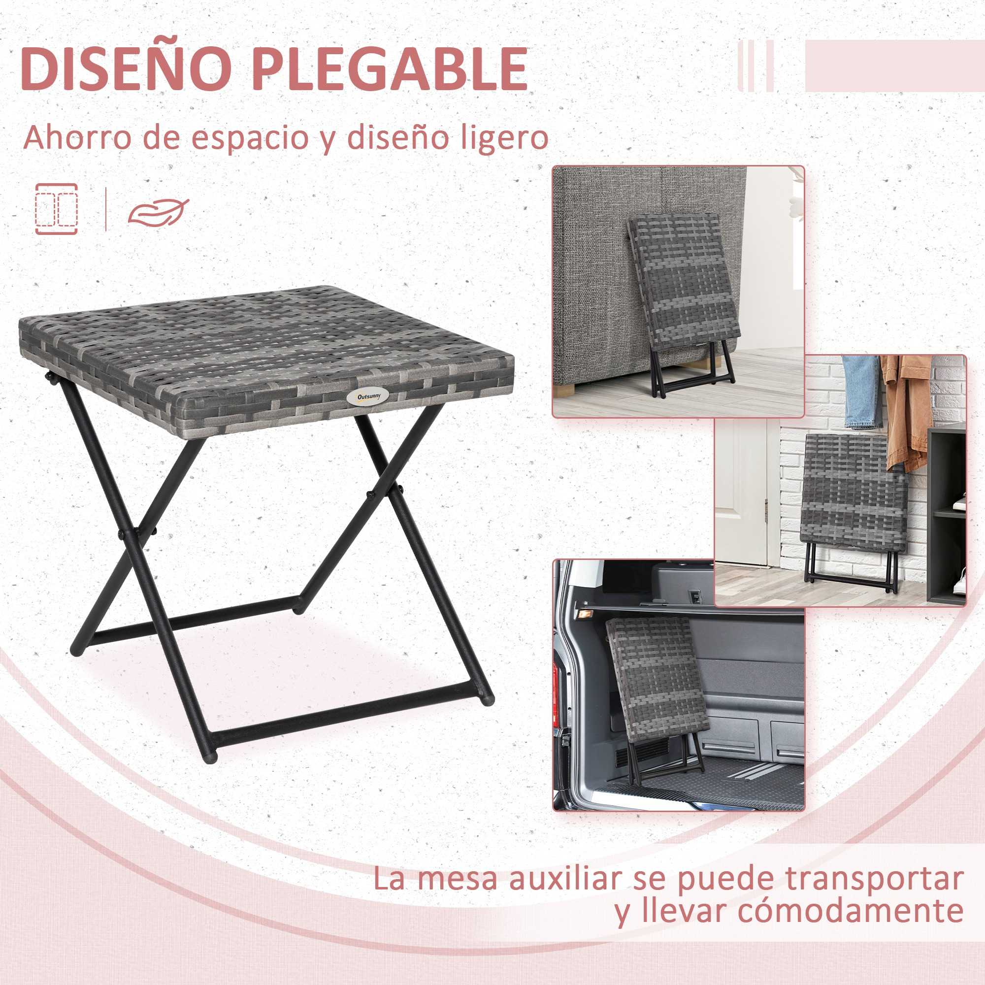 Mesa plegable gris con patas de metal negro, ahorra espacio y es ligera.