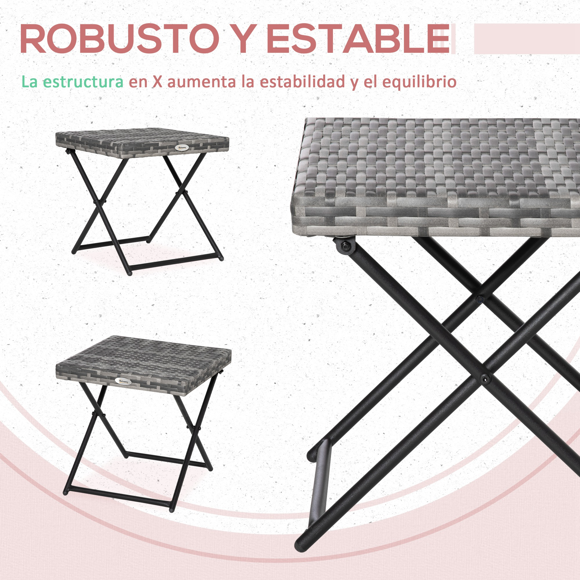 Mesa plegable de ratán gris con estructura en X.