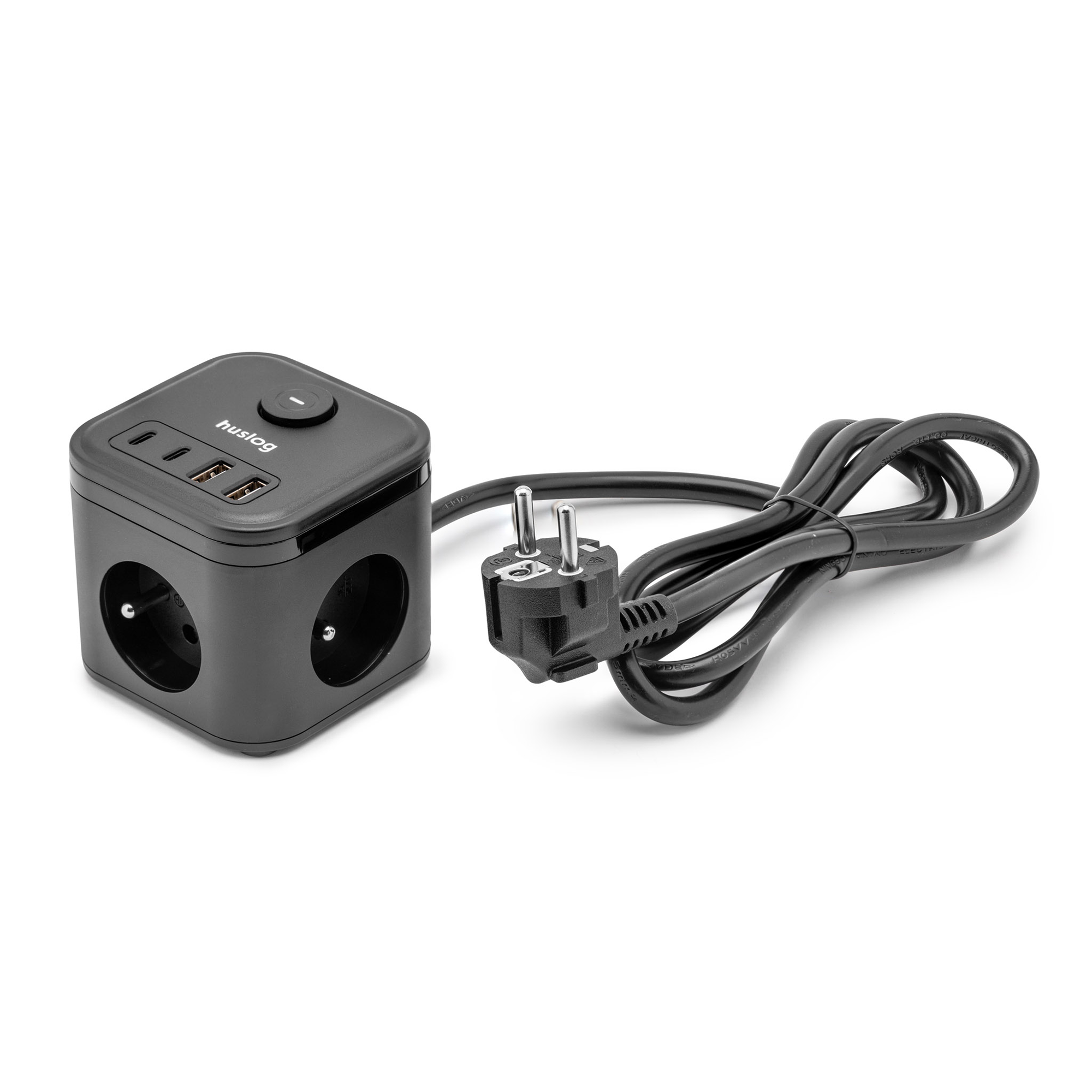 Czarna listwa zasilająca z dwoma portami USB i wtyczką EU.