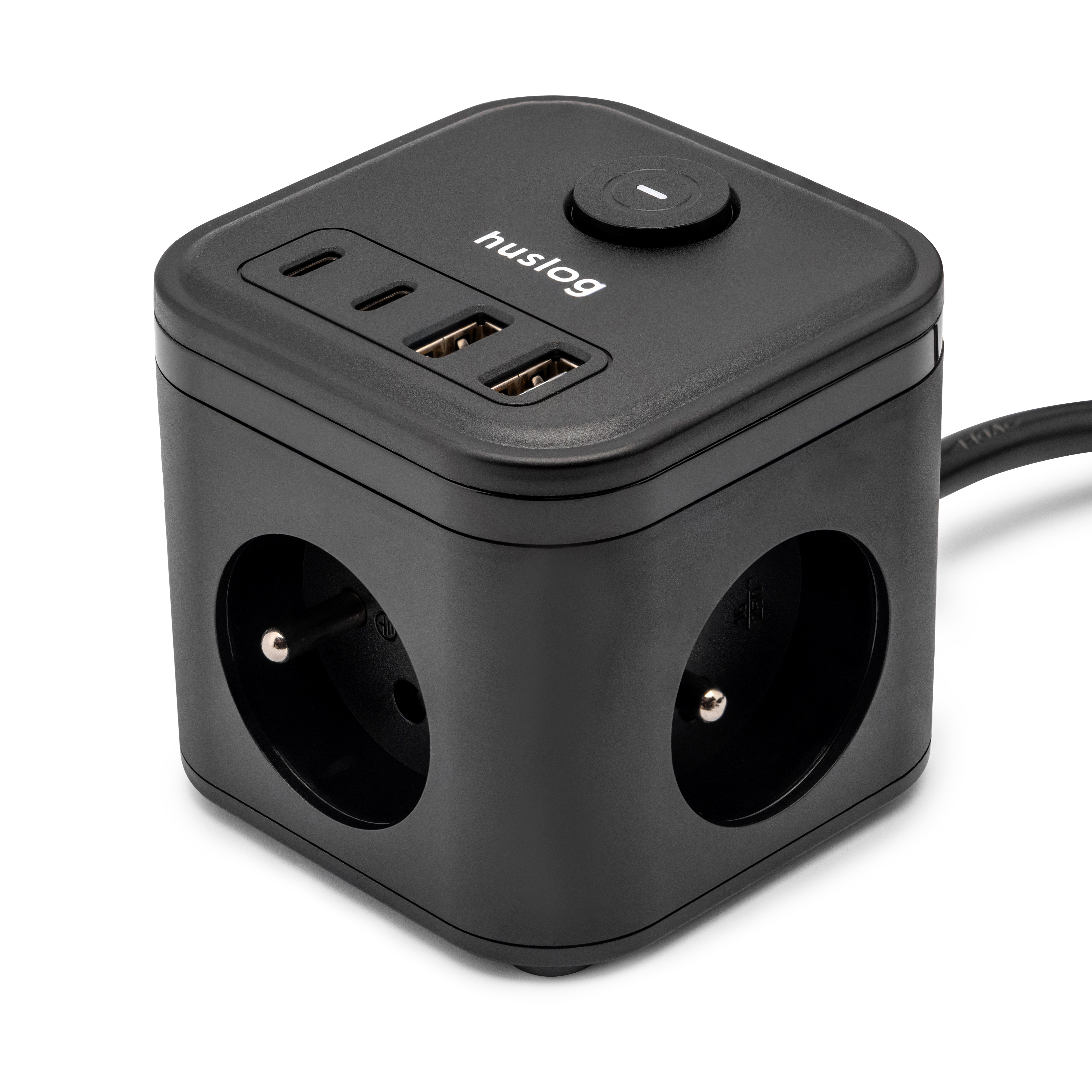Czarna kostka adaptera zasilania z 2 gniazdami i 2 portami USB.