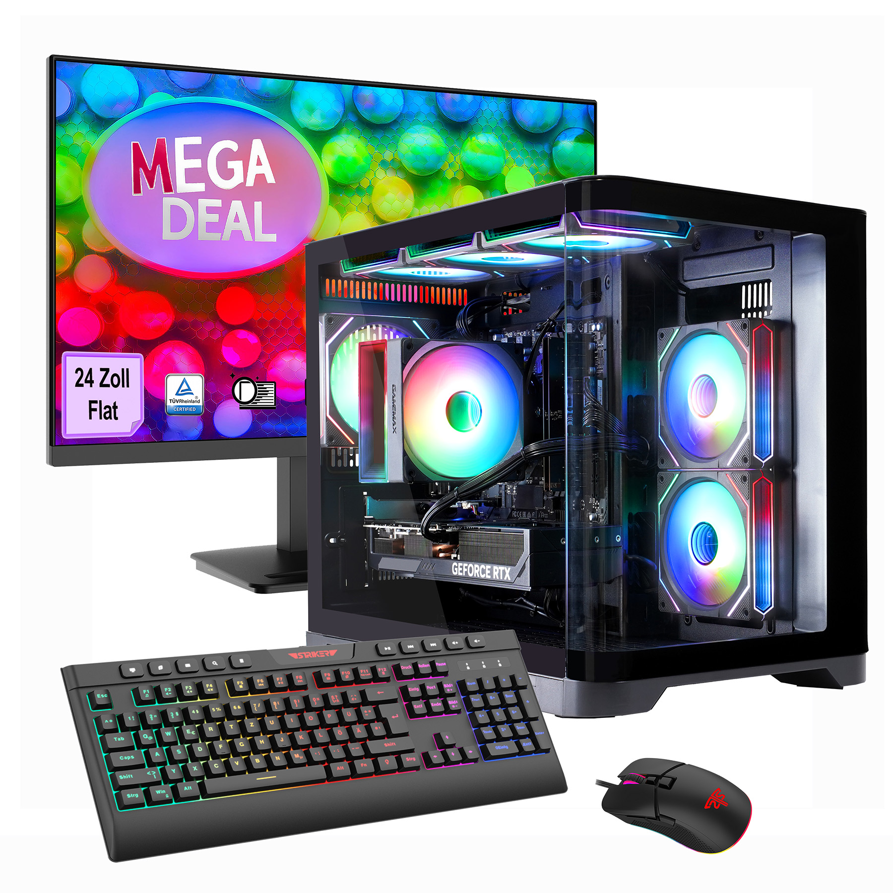 Gaming-PC mit RGB-Lüftern, Tastatur, Maus und Monitor mit "MEGA DEAL"-Aufschrift.