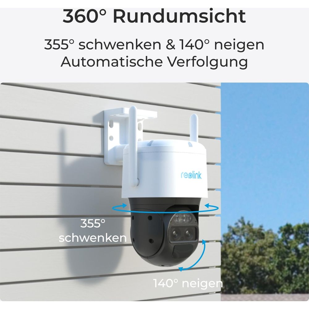 Eine weiße Überwachungskamera schwenkt um 355 Grad und neigt sich um 140 Grad.
