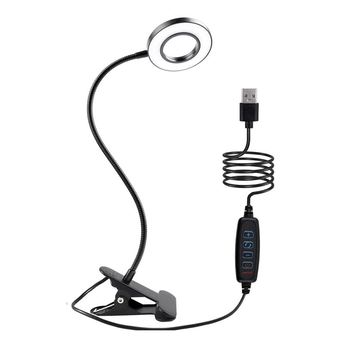 Ein schwarzer Ringlicht mit Klemmfuß, Schwanenhals und USB-Kabel mit Bedienelementen.