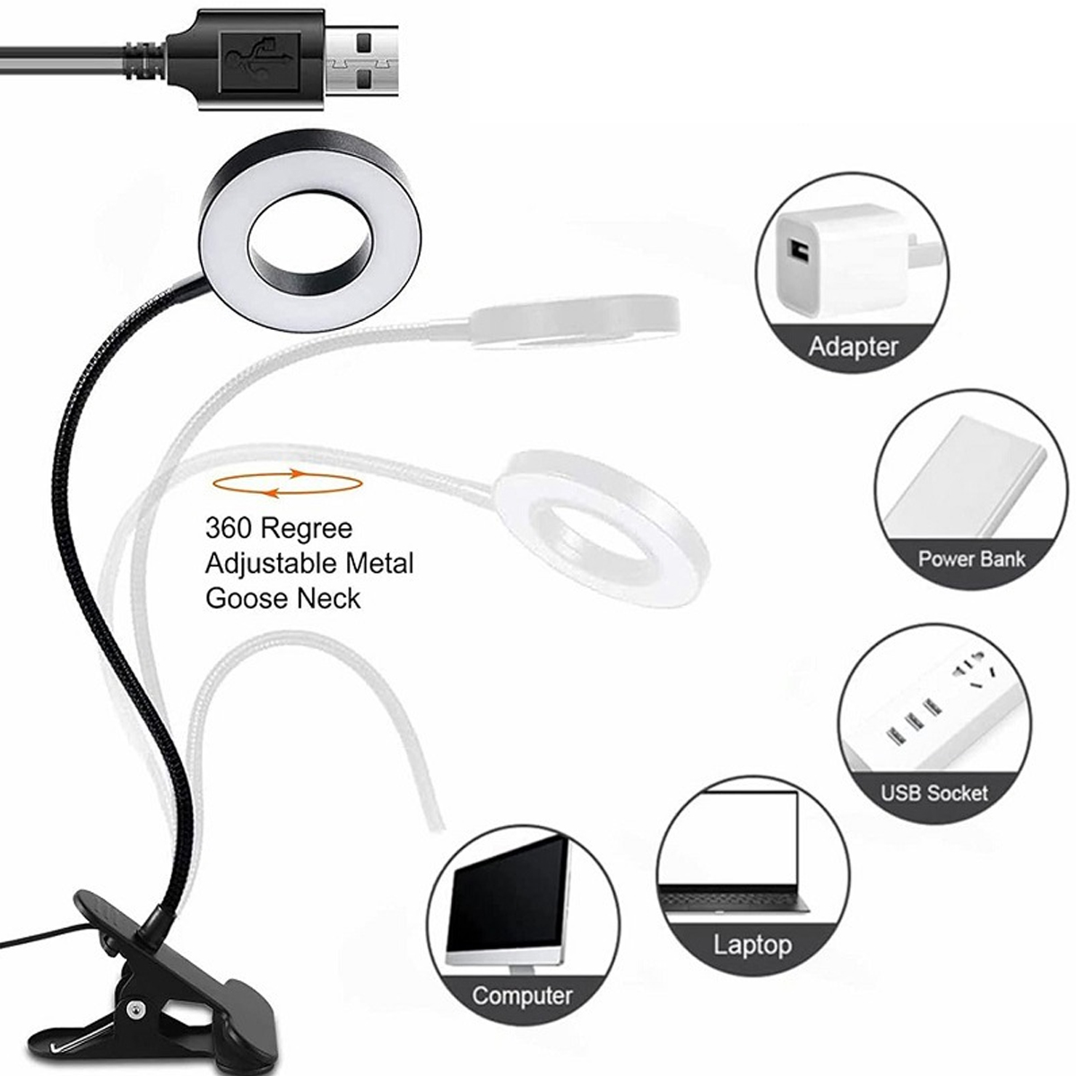 Ein Ringlicht mit verstellbarem Schwanenhals, USB-Anschluss, Adapter, Powerbank, Computer und Laptop.