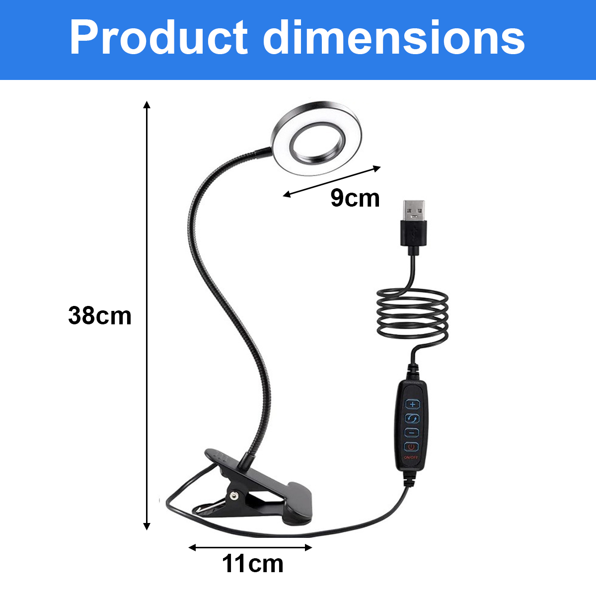 Ringlicht-Abmessungen: 38 cm Höhe, 11 cm Basis, 9 cm Lichtdurchmesser.