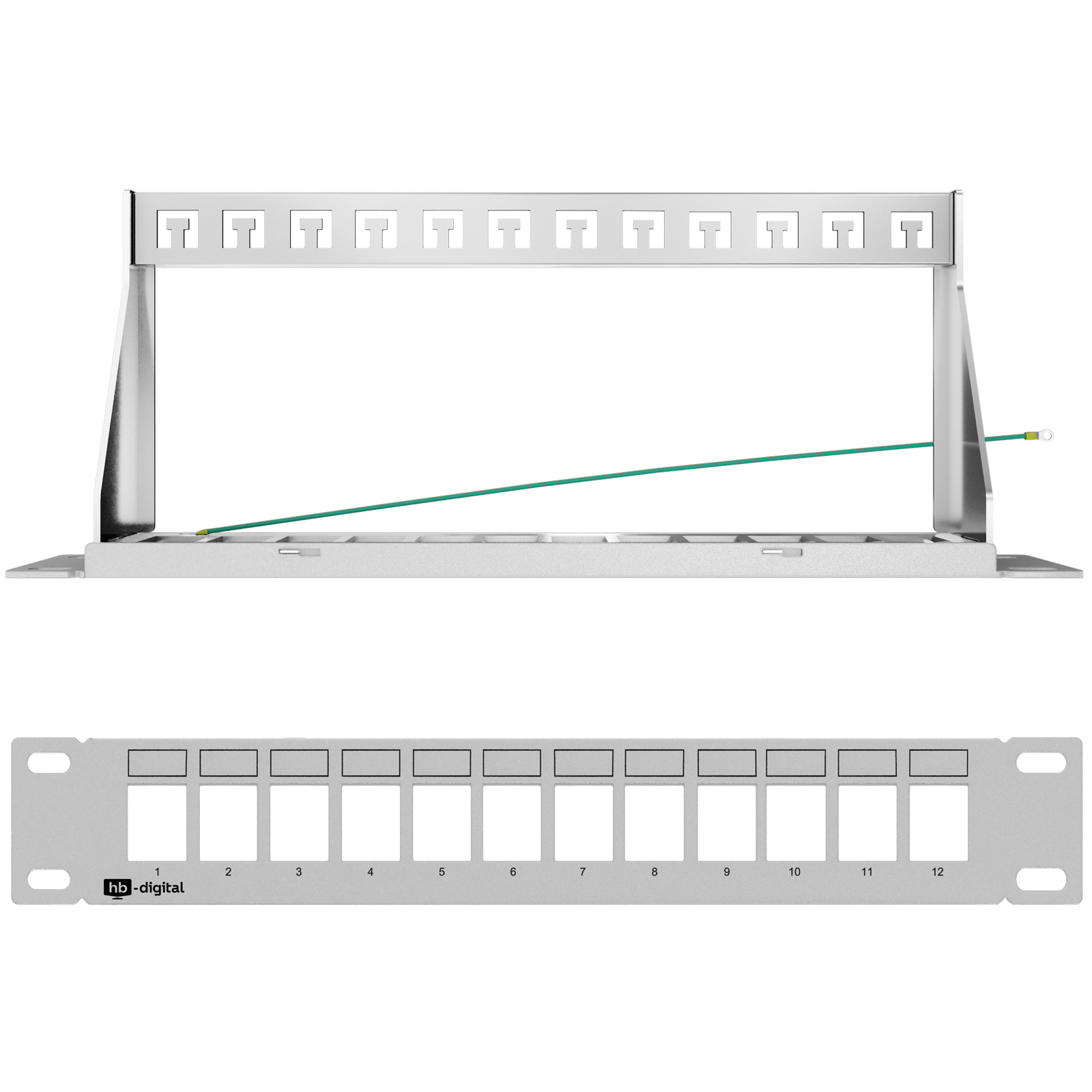 Ein silberner Patchpanel-Rahmen mit 12 Ports und einem grünen Kabel.
