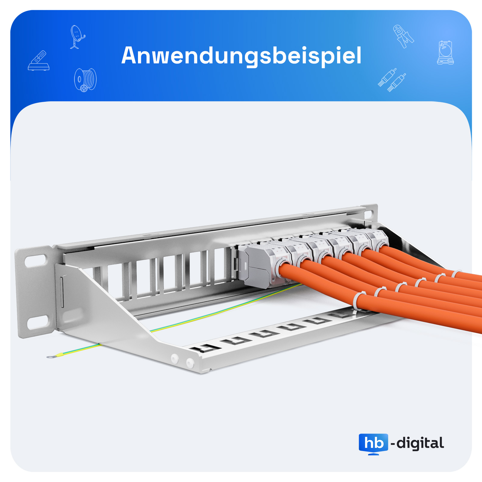 Rack-Panel mit mehreren orangefarbenen Kabeln und Erdungsdraht.