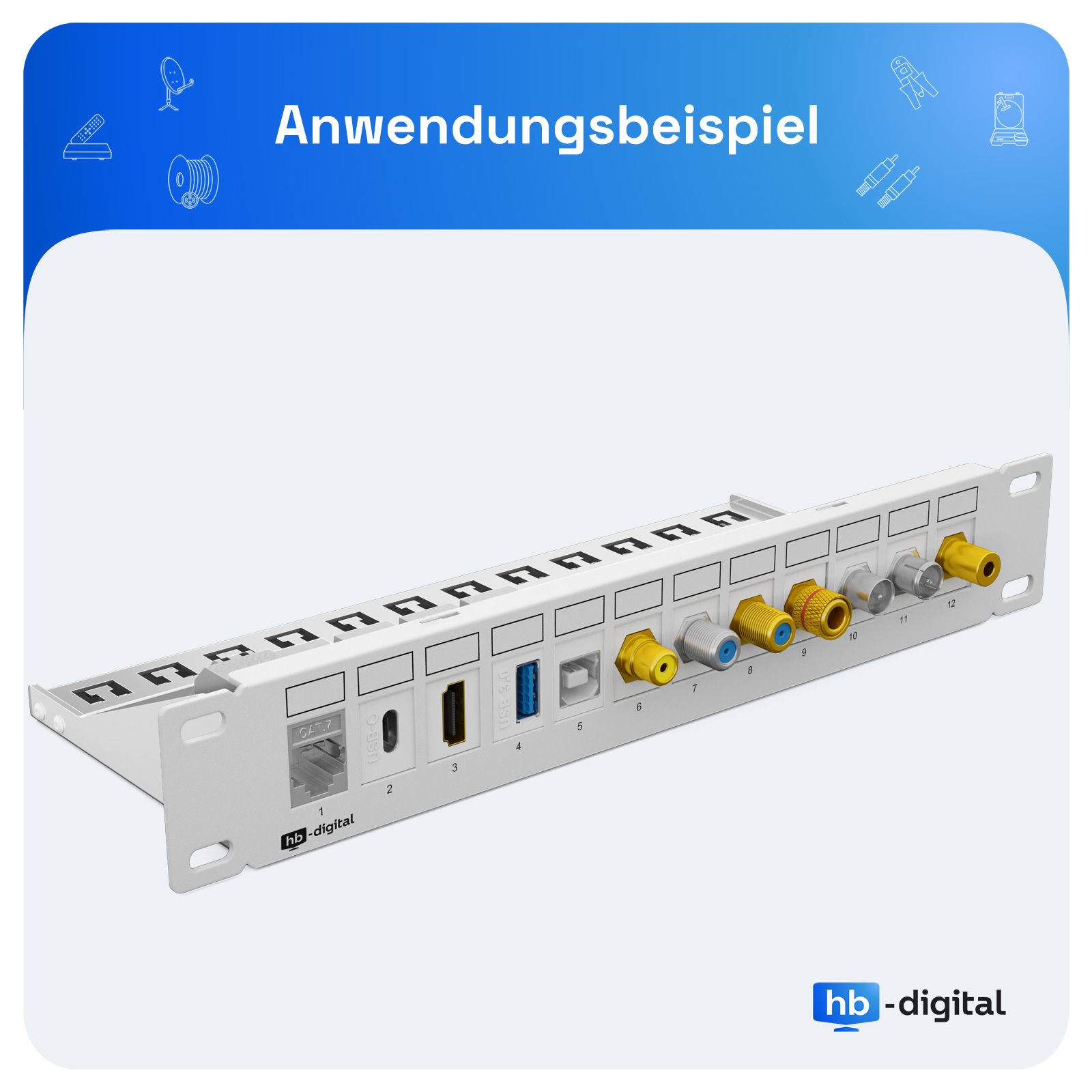 Ein weißes Patchpanel mit verschiedenen Anschlüssen wie CAT.7, USB-C, HDMI, USB 3.0, F-Buchsen.